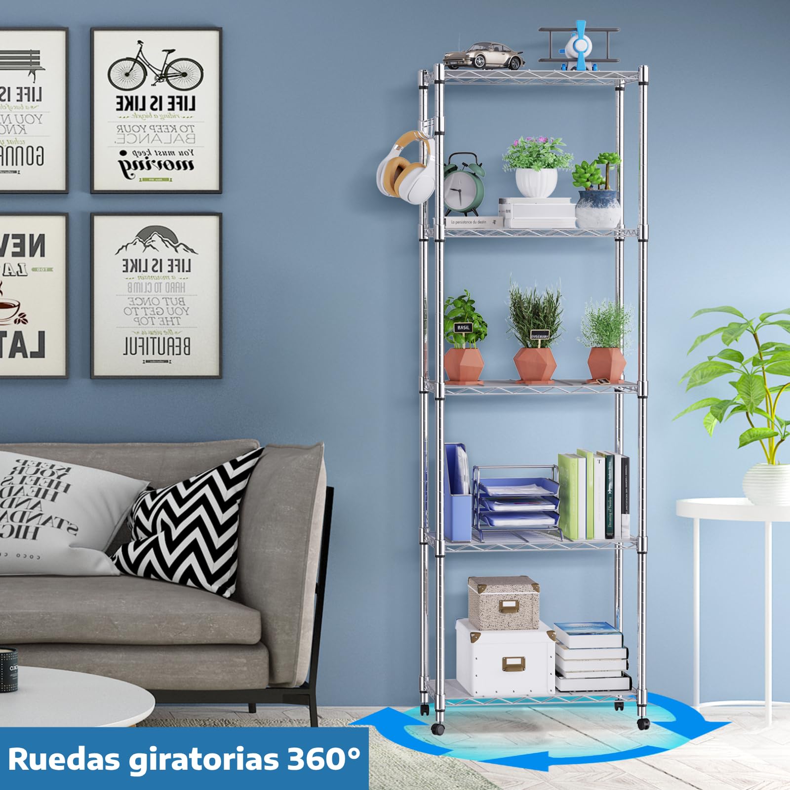 Himimi Estante de Cocina Carro de Cocina Estante de Metal Estante rodante de Acero Cromado 5 estantes con Ruedas L59 x W35 x H183cm, Plata