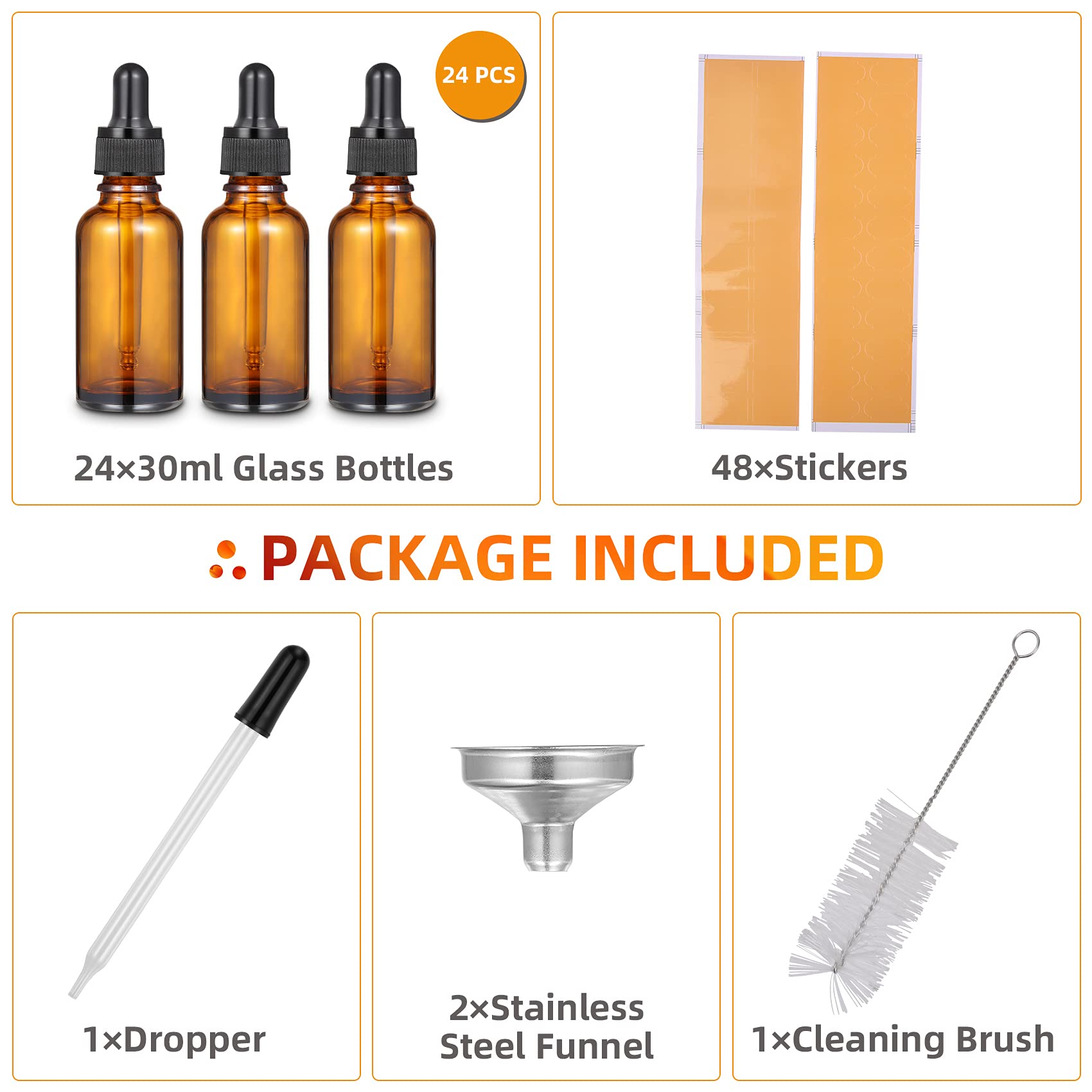 24 Pack Amber Glass Dropper Bottle, 1 oz Tincture Bottles with Eye Dropper, 30ml Dropper Bottle with 2 Stainless Steel Funnel, 1 Extra Dropper, 48 Stickers and 1 Brush for Essential Oil, Perfume