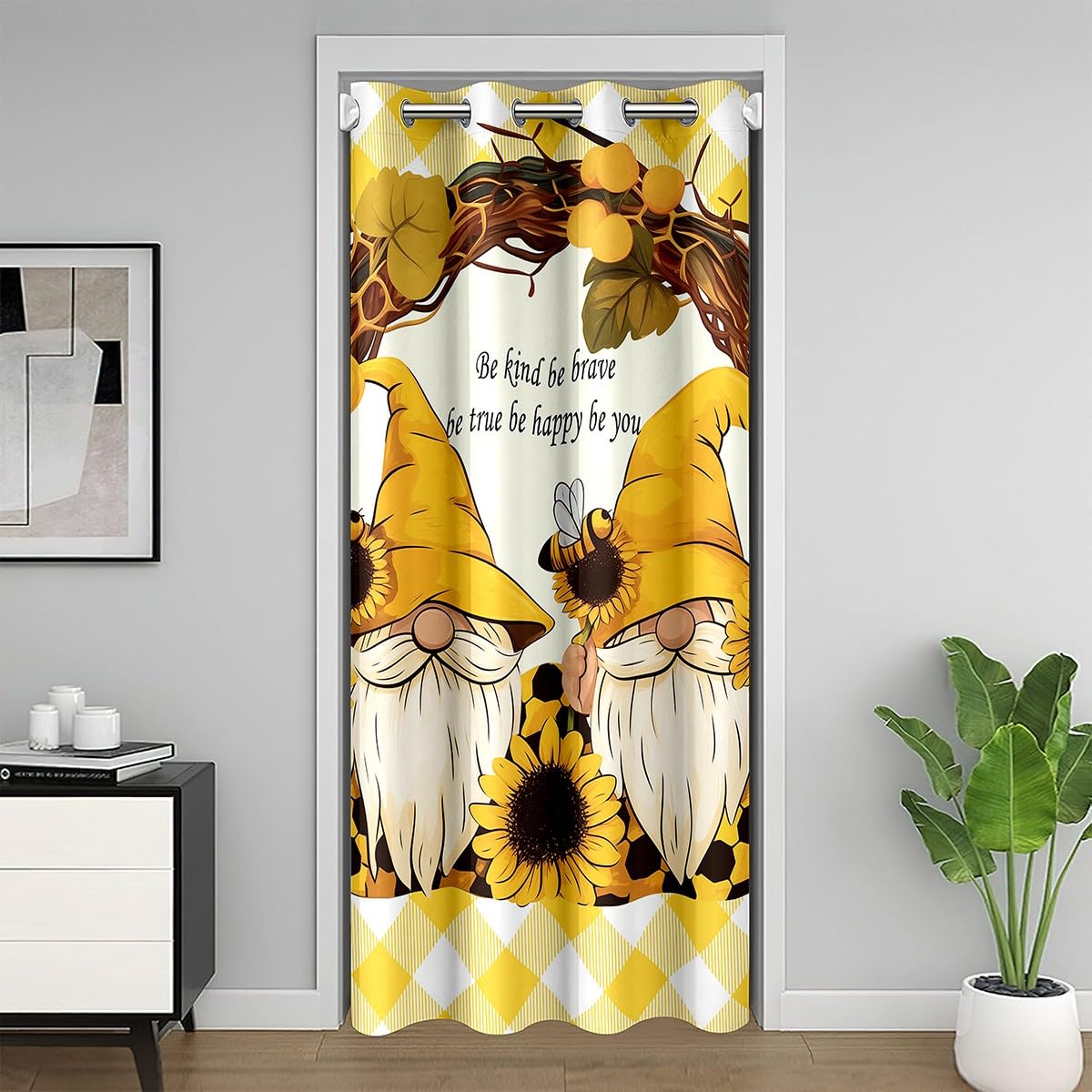 Erosebridal Bee Gnome Blackout Curtain Privacy,Sunflower Floral Door Curtain for Bedroom Living Room Closet,Yellow Bufffalo Grid Closet Curtain,Be