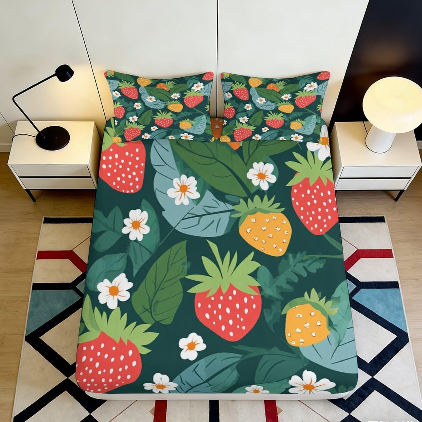 3D Printed Strawberry Floral Fitted Sheet Microfiber Soft Green Fruit Bed Cover for Bedroom Guest Room Dorm Mattress Protection 160x200x25cm