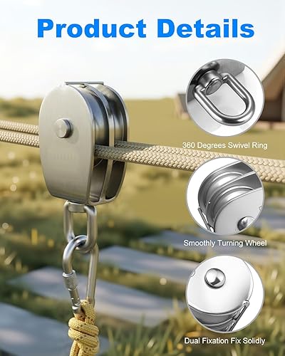 Miniatura 3 de Rocaris Paquete de 2 bloques de polea doble de elevación M50 304 Grúa de acero inoxidable Gancho giratorio de doble polea de carga de rodillos