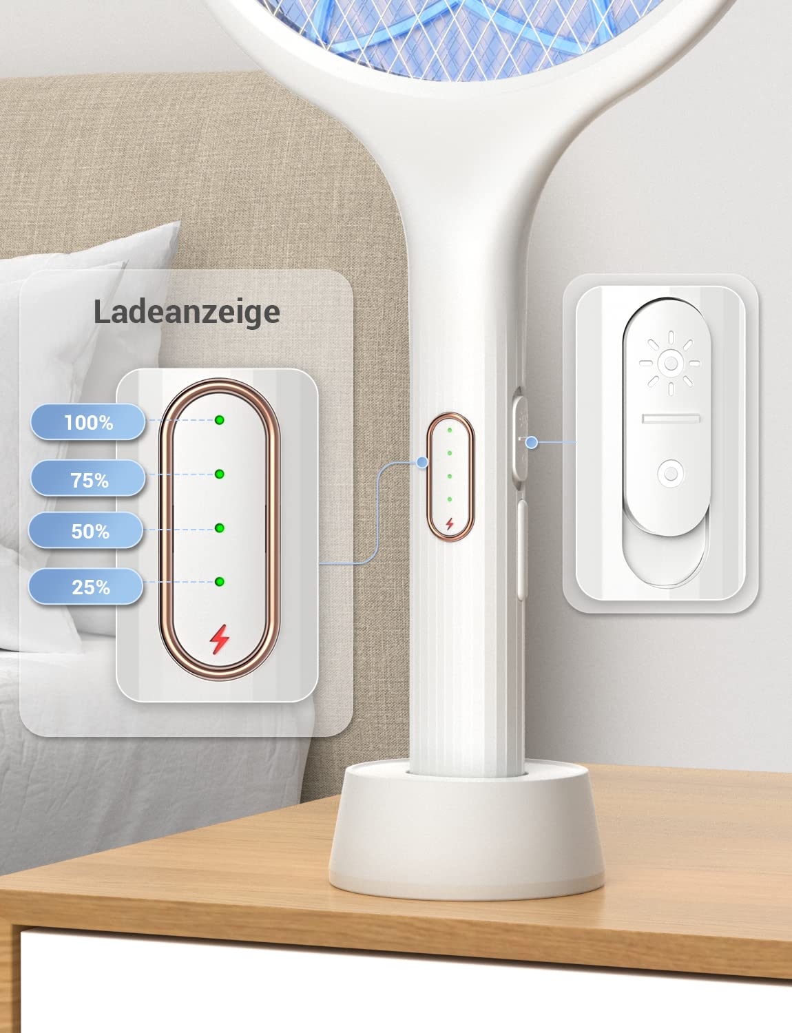 YISSVIC Elektrische Fliegenklatsche extra stark 4000V 2 in 1 USB C mit Akku Aufladbar Elektro Mückenklatsche mit UV Lichtfalle Weiß 1 STK.