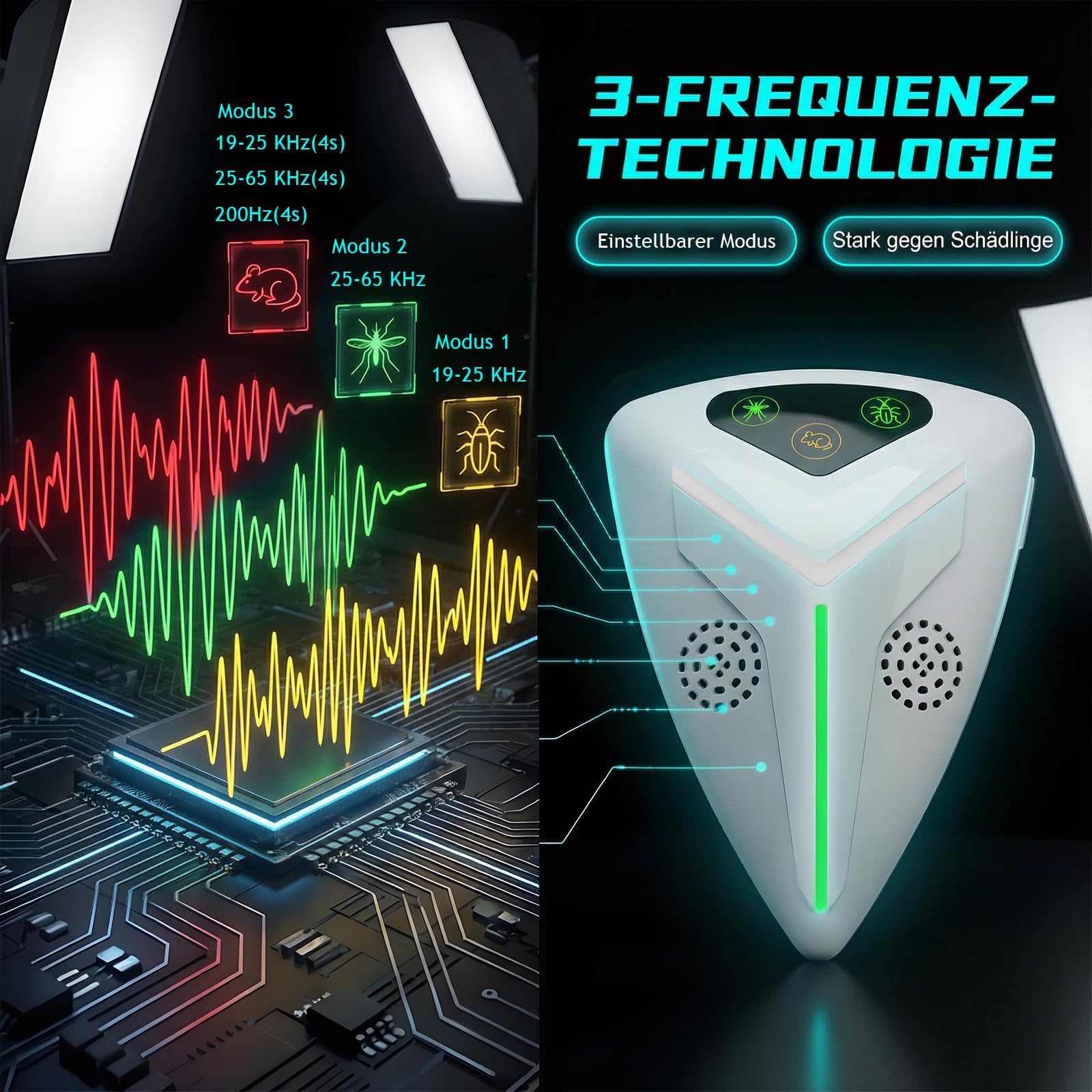 Ultraschall Schädlingsbekämpfer 4 Stück Set | 3 Modi 19-65 kHz - 200Hz | Mäusevertreiber & Mäuseabwehr | 80-120m² pro Gerät | Dual-Ultraschall | Insektenabwehr für Innenräume