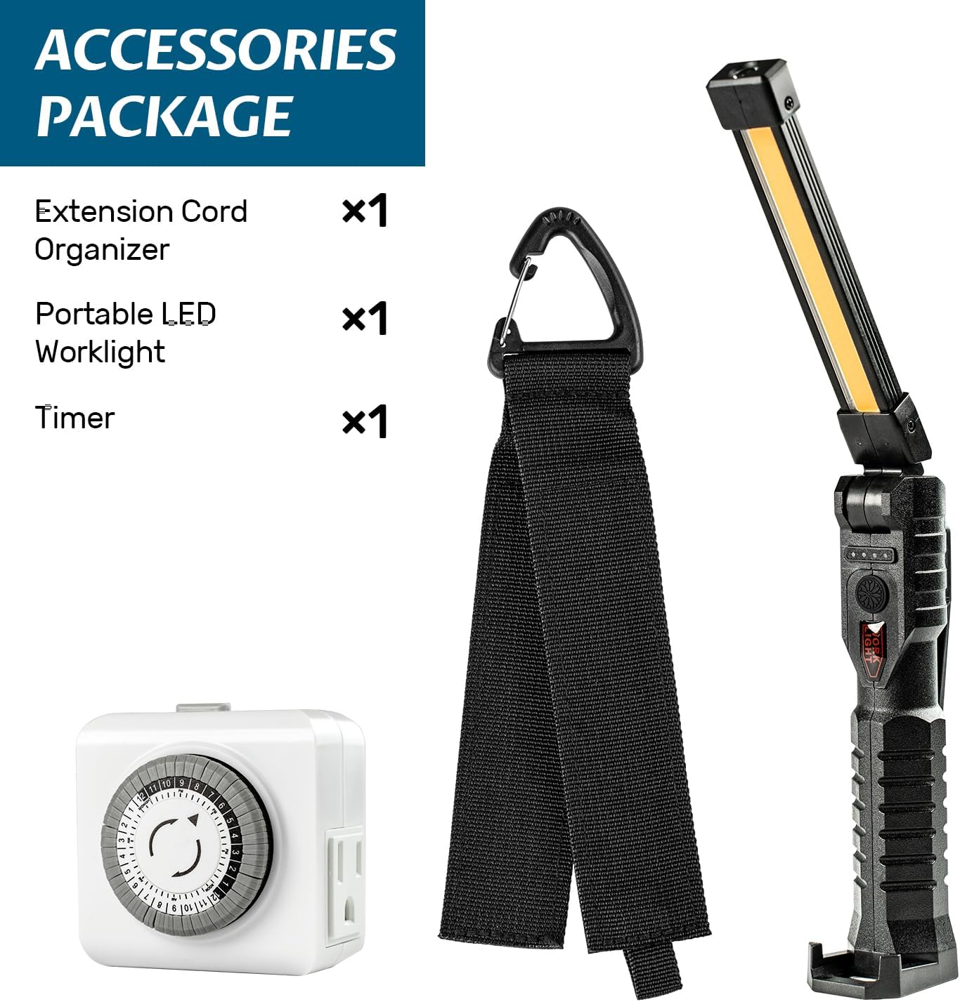 ARGENDON Accessory Package. Extension Cord Organizer for House and Yard. Portable LED Worklight for Automotive, Mechanic, and Grill. Timers are Used for Fish Tanks, Fans, and Lights.