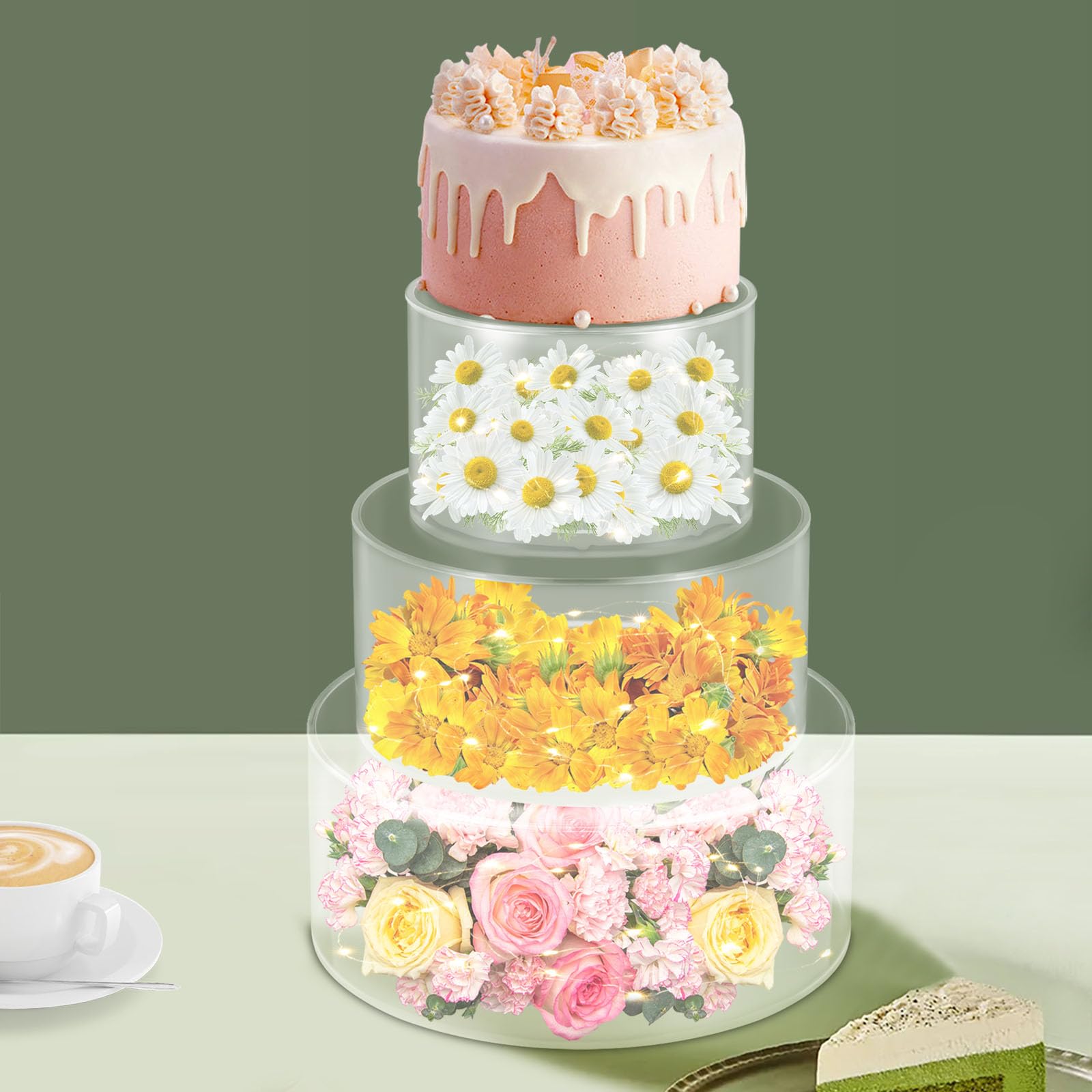 Lot de 3 supports à gâteaux en acrylique transparent avec bandes lumineuses LED pour mariage, anniversaire, fête