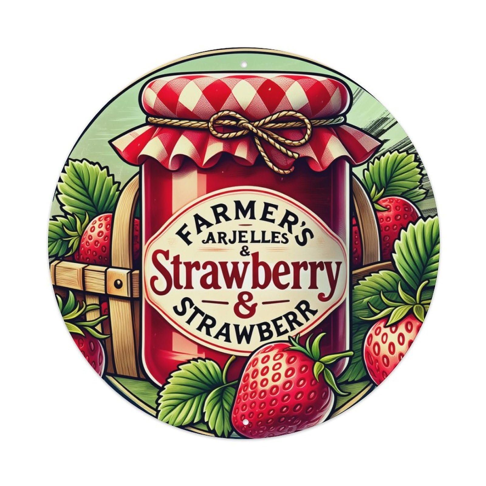 Farmer's Arjelles Strawberry And Strawberry Round Tin Sign Retro Metal Sign for Cafe Bar Pub Home Game Room Gym Club Wall Decoration Vintage Metal Poster 8x8 Inch