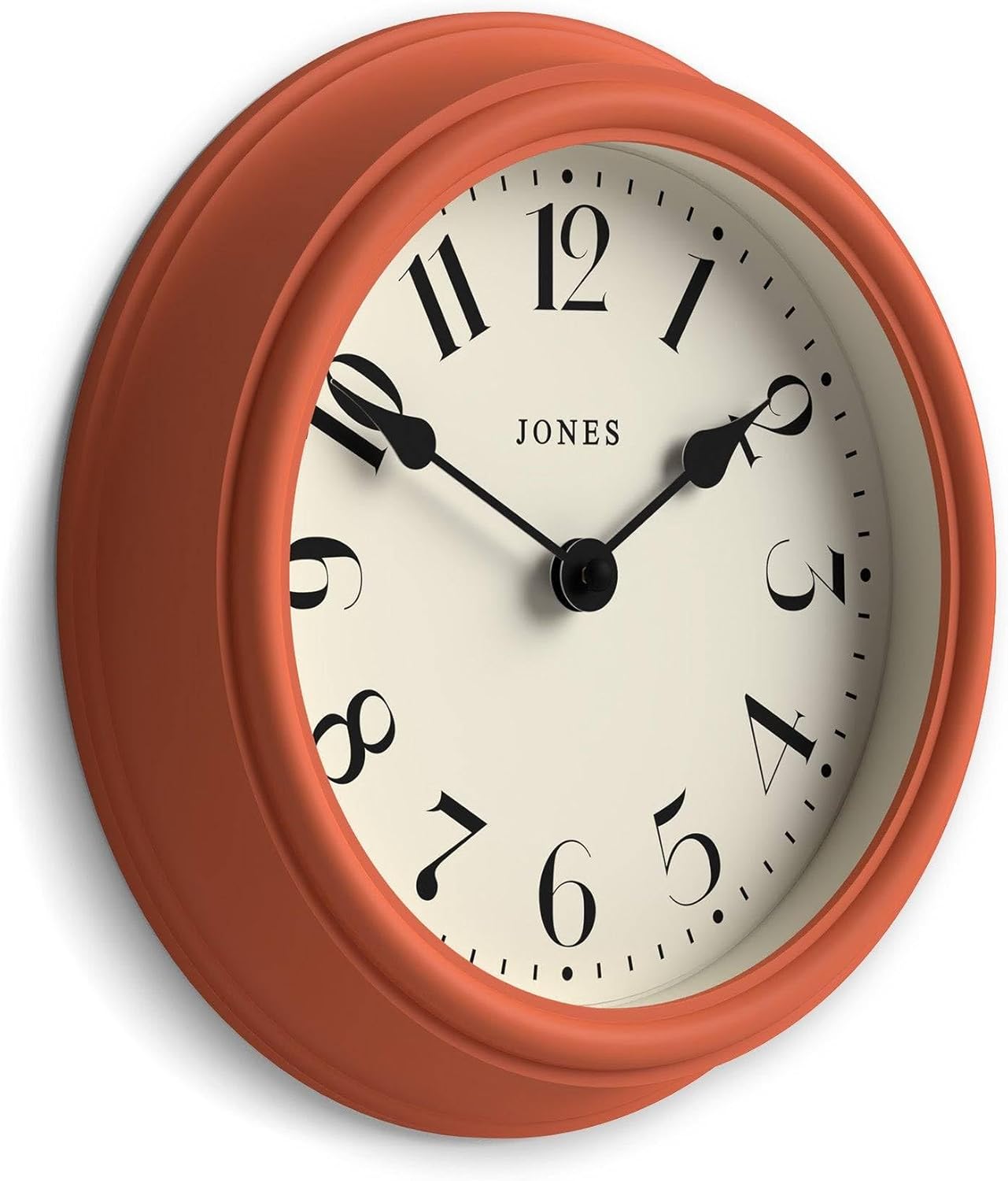JONES CLOCKS® Frieze wall Clock | Small Elegant Classic Round Clock | 23cm | Terracotta Orange | Pretty Design Ideal for the Kitchen, Living Room, Bedroom, Large or Small Spaces