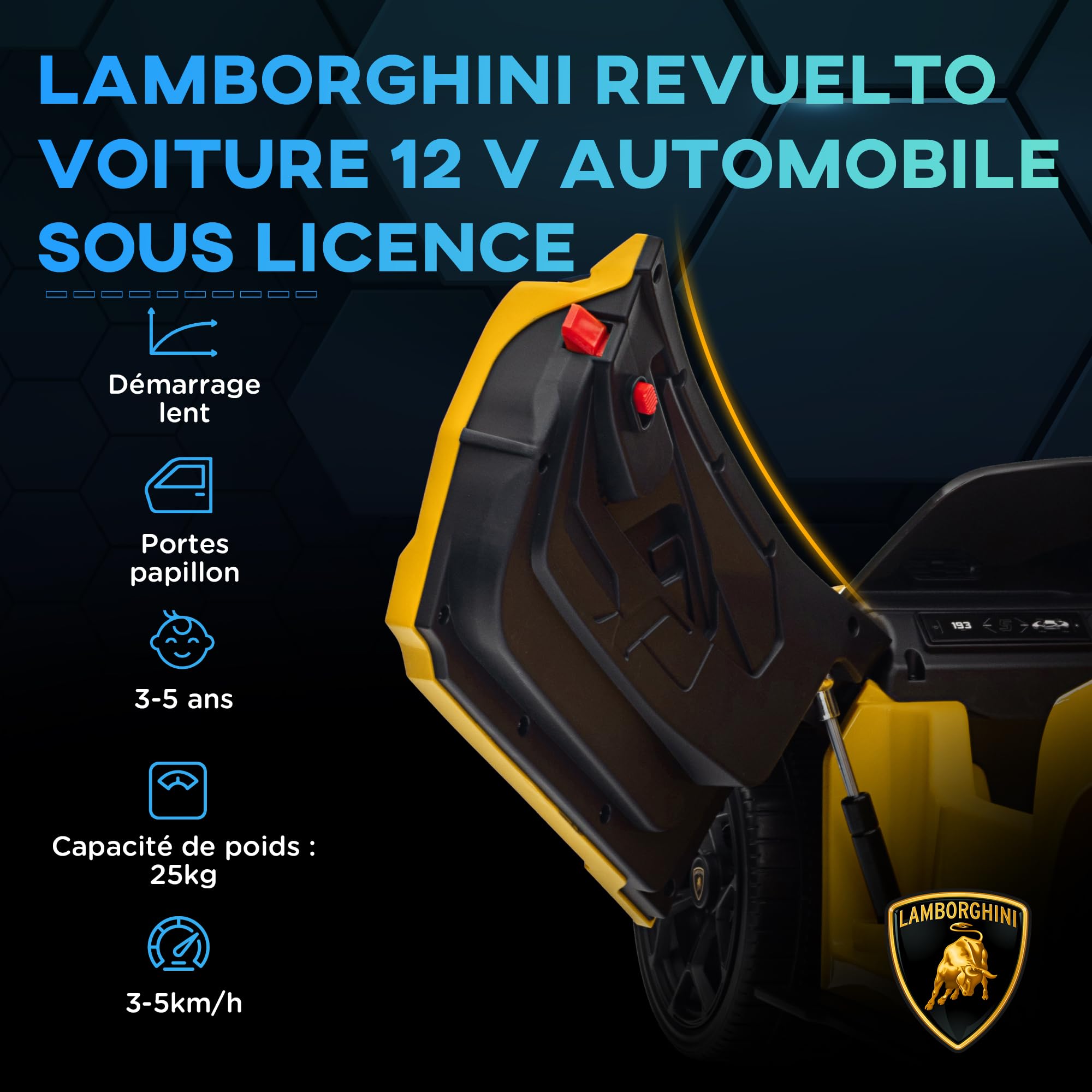 AIYAPLAY Voiture électrique Enfants sous Licence Lamborghini Revue Jaune | Véhicule Électrique 12V, Portes Papillon, Télécommande 2,4G, Suspension, Phares, Musique, Klaxon, pour Enfants 3 à 5 Ans