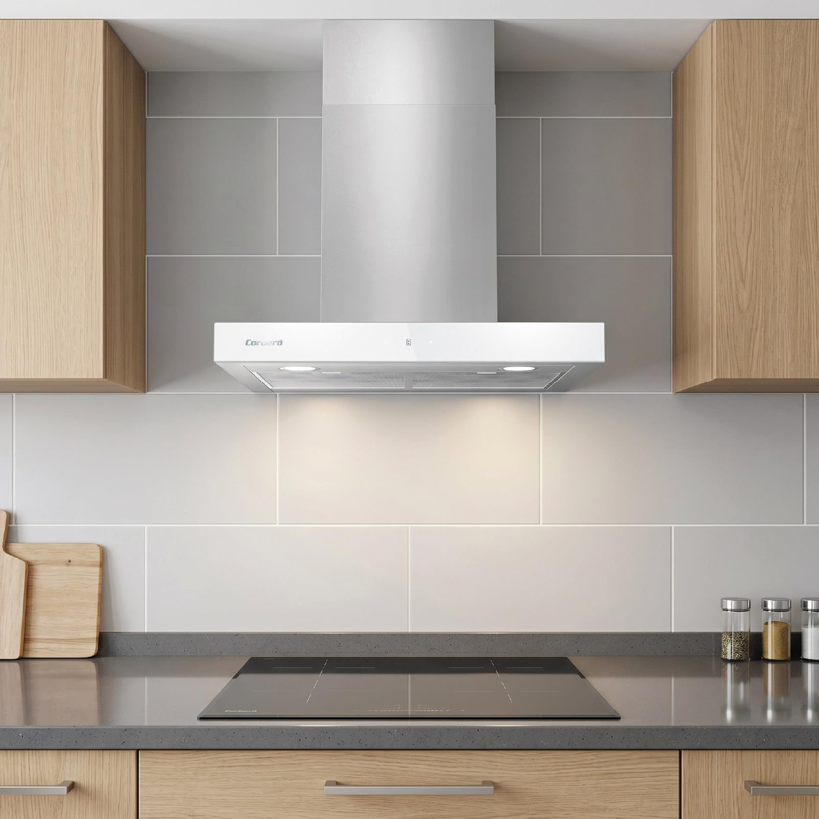 Dekoracyjny dzwonek poziomy biały, 60 cm, przepływ 750 m3/h, 230 W, 3 prędkości, 3-warstwowy filtr aluminiowy, filtr węglowy, efektywność energetyczna A