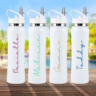 Personalised White Stainless Steel Water Bottle with Flip Straw - Love ANY NAME Vinyl Island Inspired Font, Metal 800ml Reusable Drinks Bottle