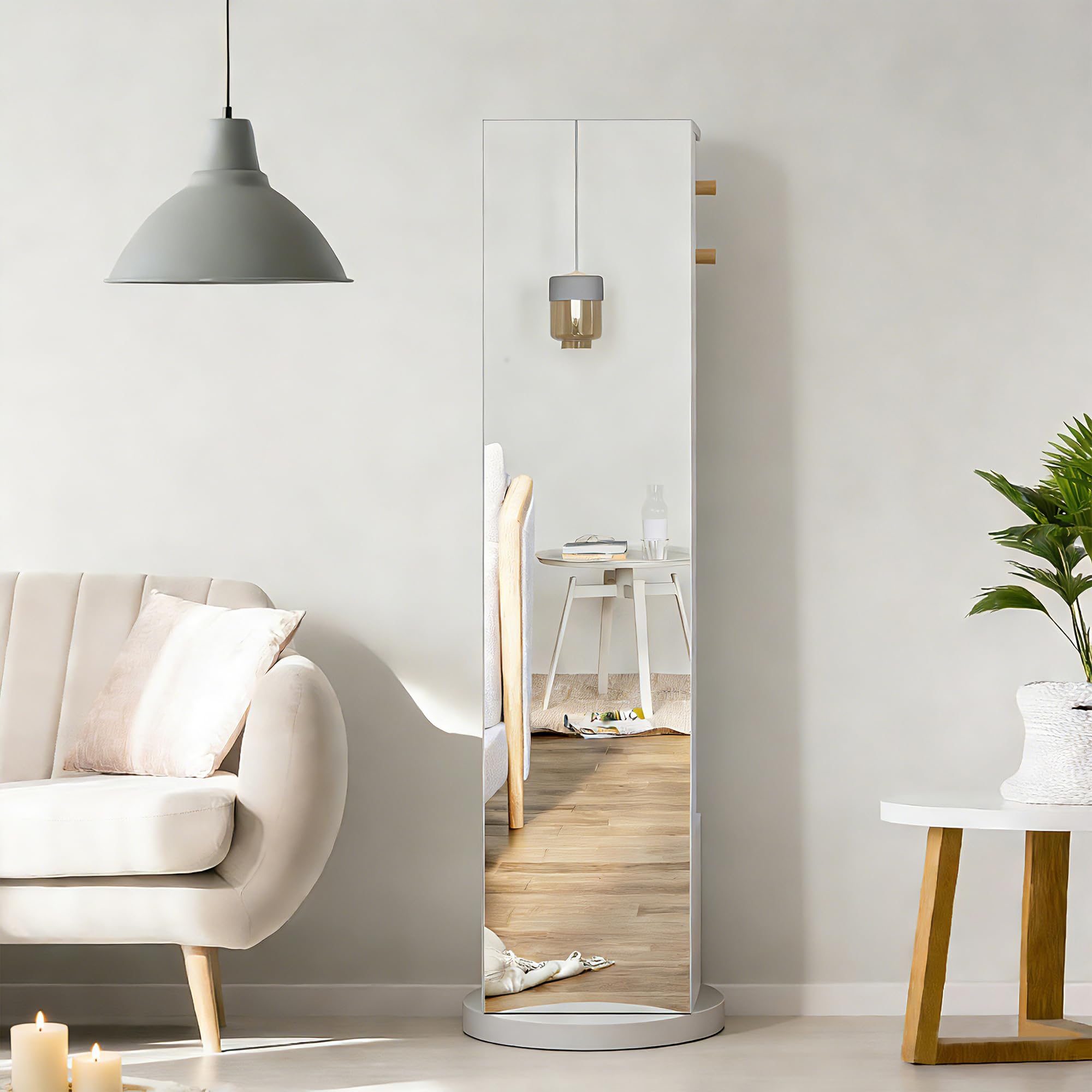 Specchio da pavimento, armadio con specchio 3 in 1 e guardaroba, con specchio girevole a 360, con 2 cassetti e 4 ganci, specchio per spogliatoio con vano portaoggetti (bianco)