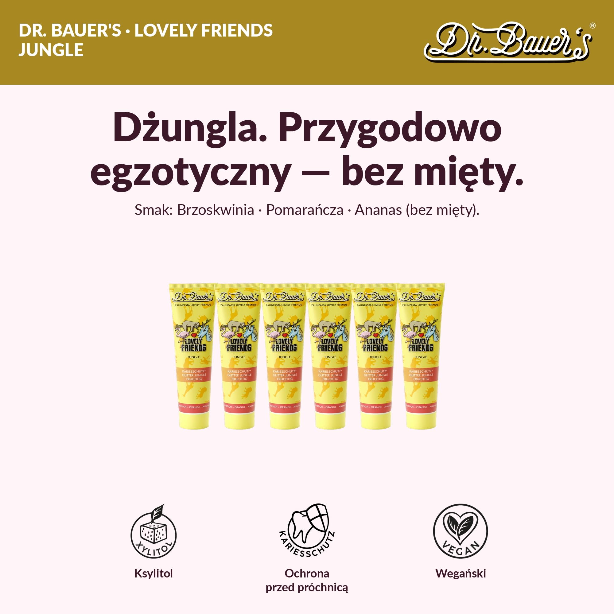 Pasta do zębów dla dzieci Dr Bauer's Lovely Friends Jungle z brokatowymi postaciami - 6x90ml