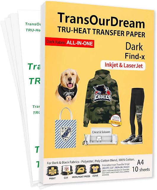 TransOurDream Tru-Iron on Transfer Paper for Any Type of Dark Textiles(10 Sheets, A4) T Shirt Transfers for Inkjet & Laser Printer Printable HTV Vinyl Dark Fabric(Find-x)
