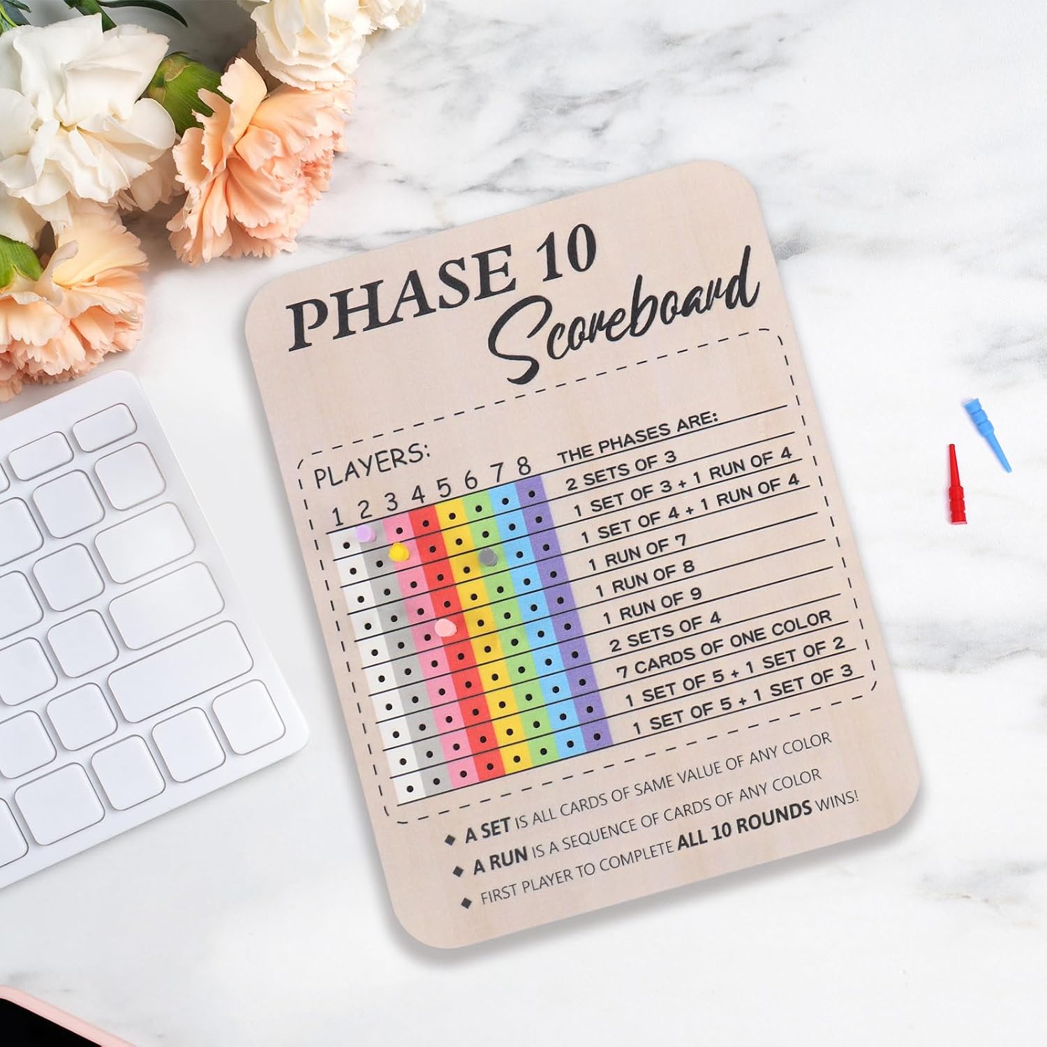 Bnesi Phase 10 Card Game Tracker,Phase 10 Score Board with Colored Pegs image 5