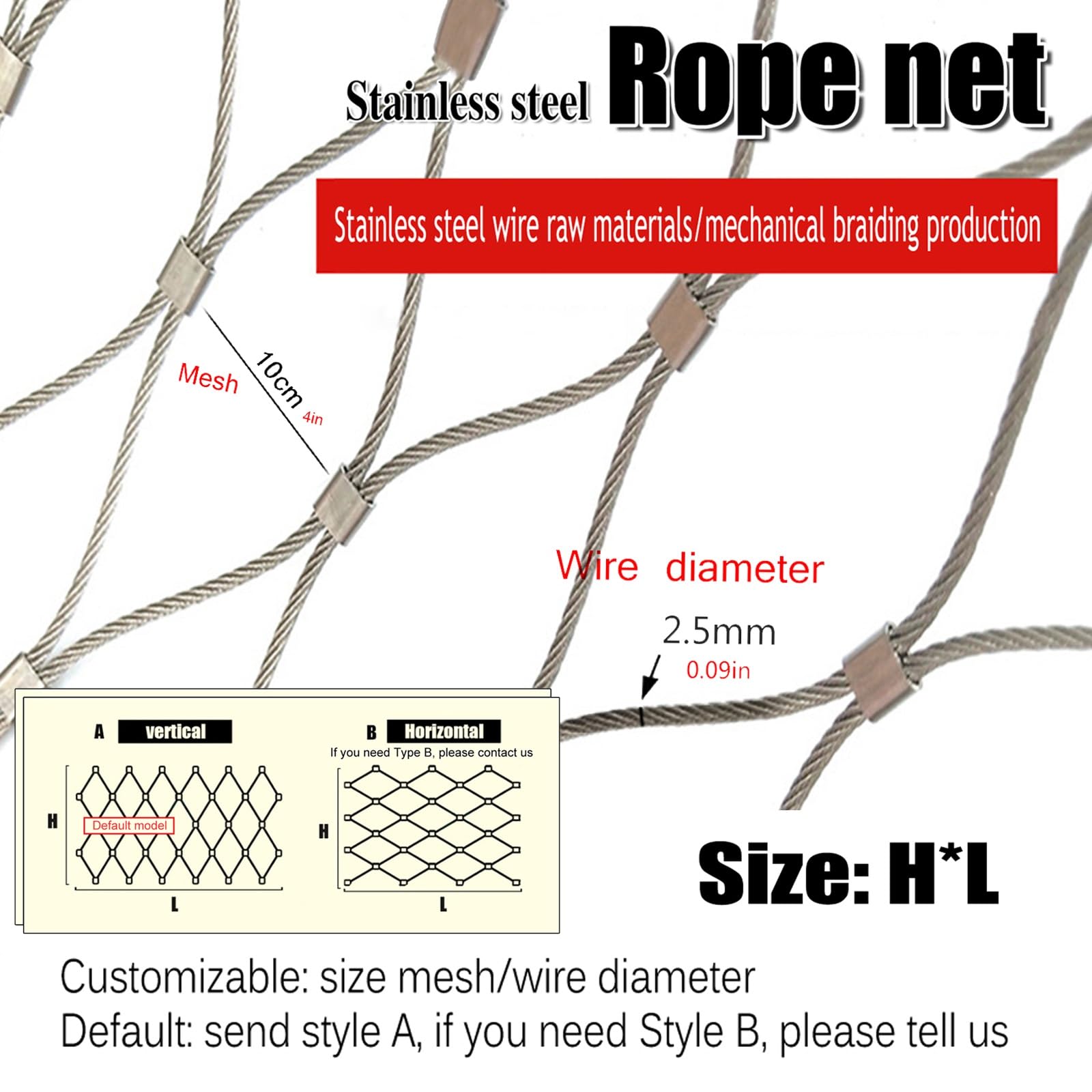 Malla de cuerda de acero inoxidable, red de seguridad flexible, malla de alambre resistente al calor, red de barrera para exteriores resistente a los impactos (1,3 x 9 m de alto x 4,26 x 29,5 pies