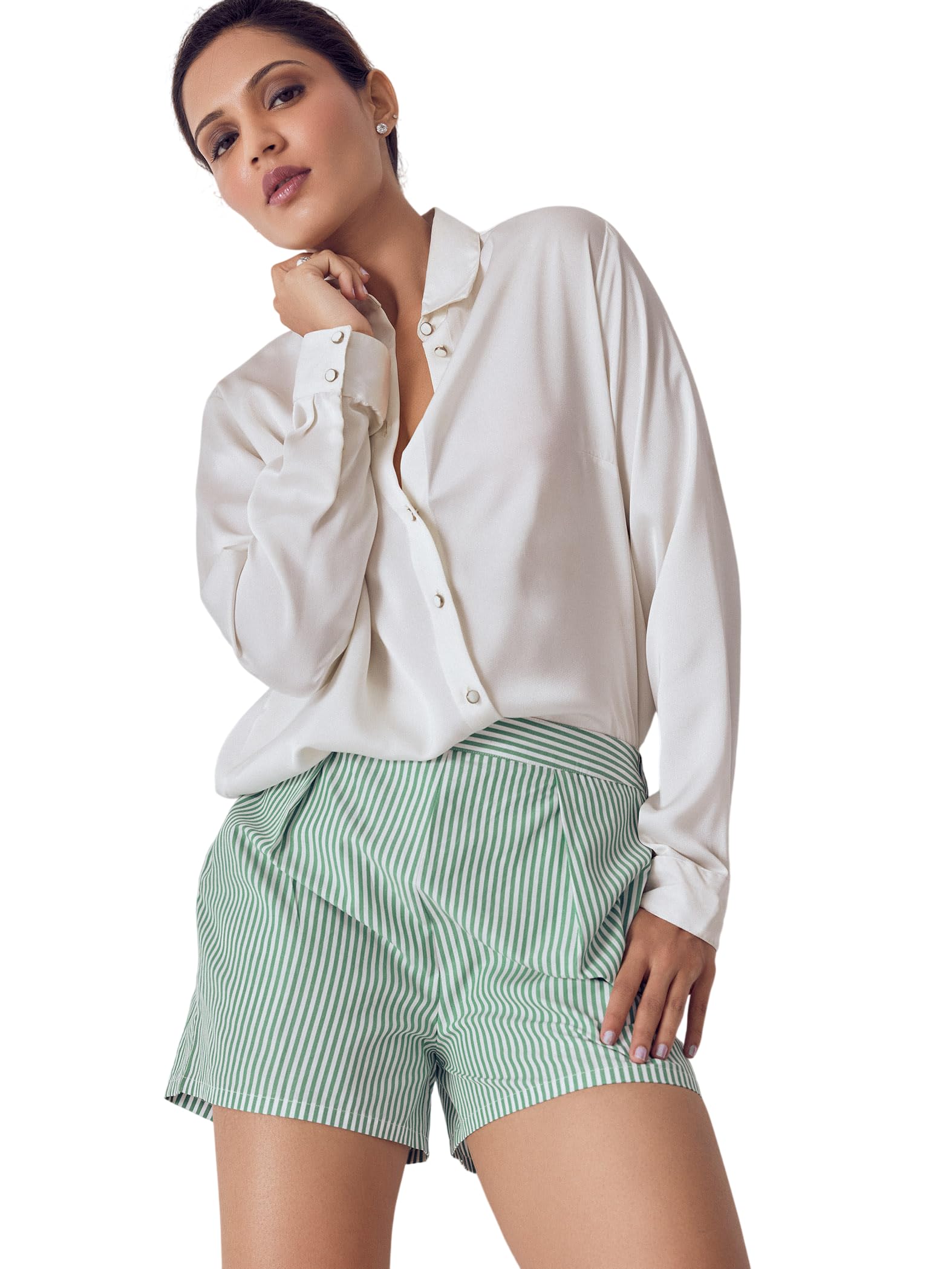 the label life 65% Cotton 35% Polyester Green Striped Pleated Shorts for Women | Stylish Elegant Comfortable Relaxed Fit Striped Western Outfit Shorts-picture-11