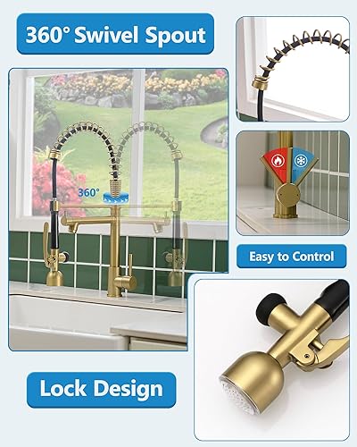 Miniatura 5 de Fapully Grifo de cocina LED de un solo nivel de arco cepillado de oro cepillado, grifos de fregadero de cocina de un solo nivel con rociador