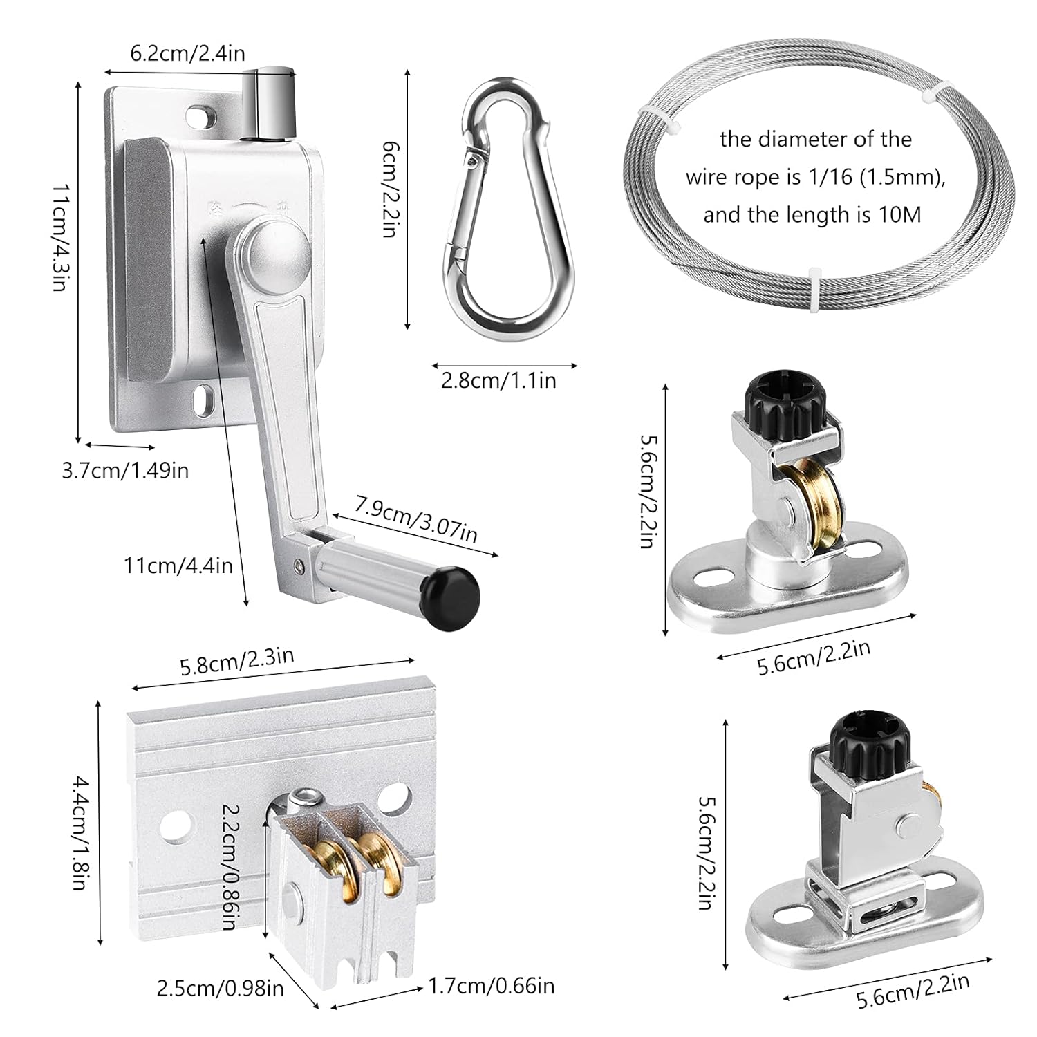FSHIHINE Washing Line Pulley System with Manual Winch, Wire Rope Cable