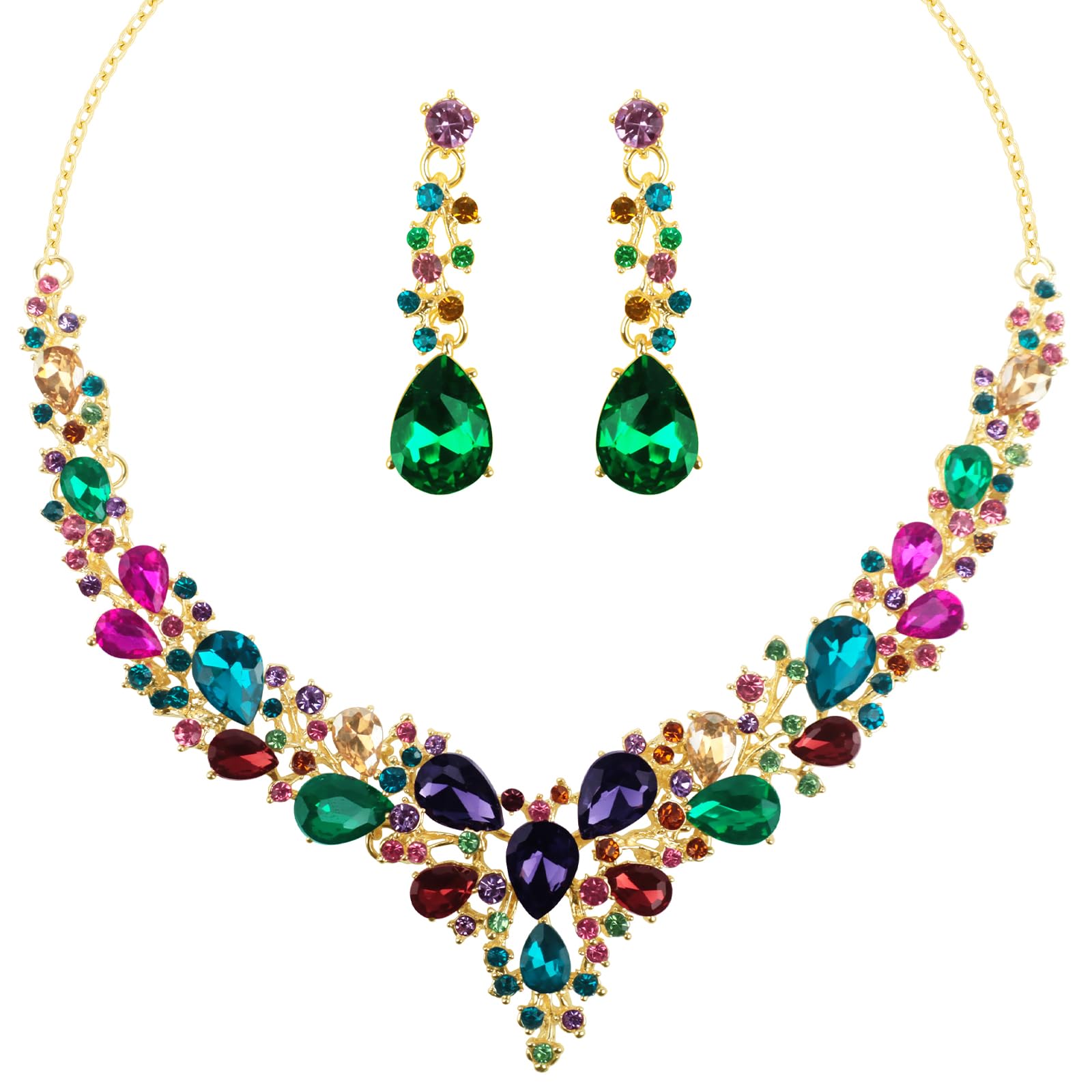 LjFrexia 2 Pcs Hochzeit Schmuck-Set, Teardrop Cluster Kristall Damen Schmuck Set, Hochzeit Schmucksets für Damen, Mit Kristall Braut Halskette und Strass Ohrringen, für Hochzeiten, Abschlussball