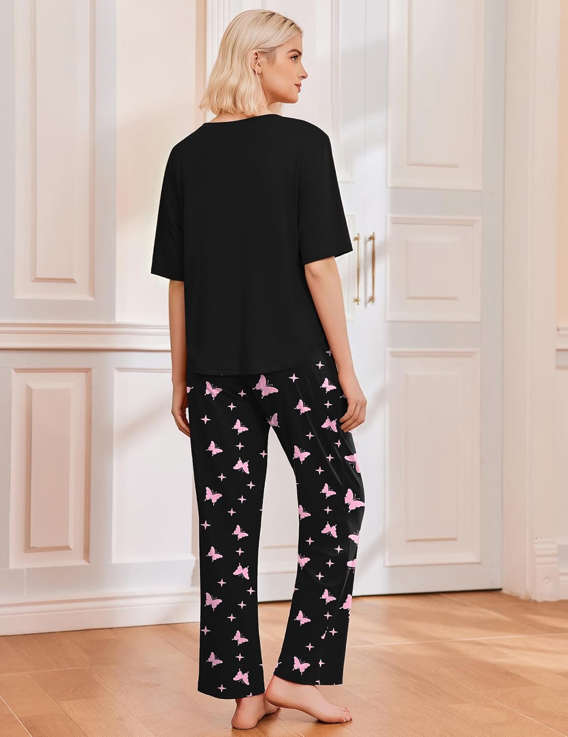 Ekouaer 2 Pack Womens Pajama Sets Short Sleeve Tops and Long Pants Casual Comfy Pjs Lounge Set with Pockets,S-XXL - Image 2