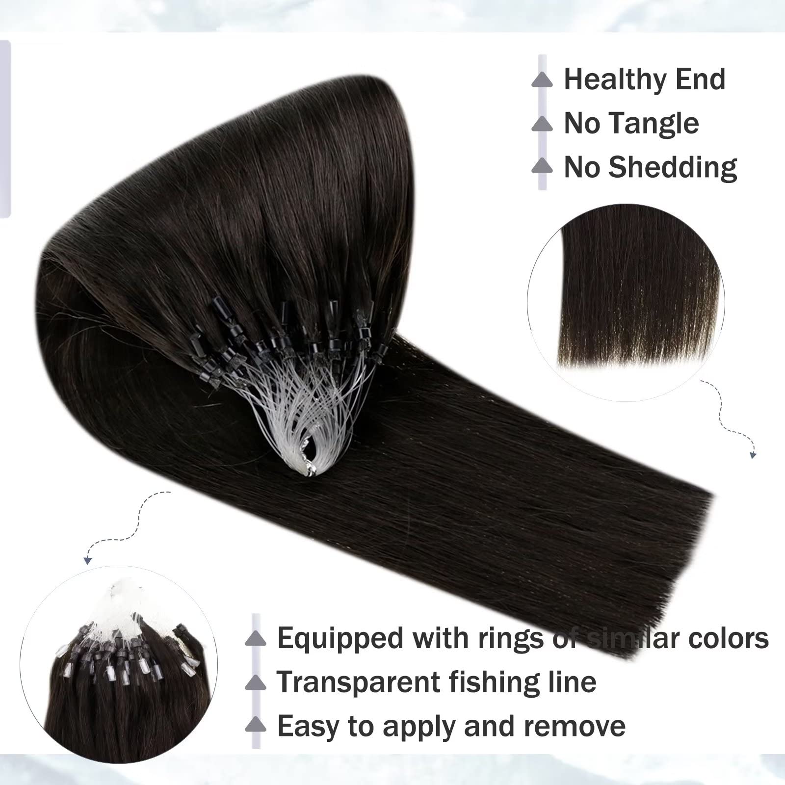 Hetto Micro Beads Hair Extensions Dark Brown 22 Inch, Straight Micro Rings Extensions Easy Apply - Image 3