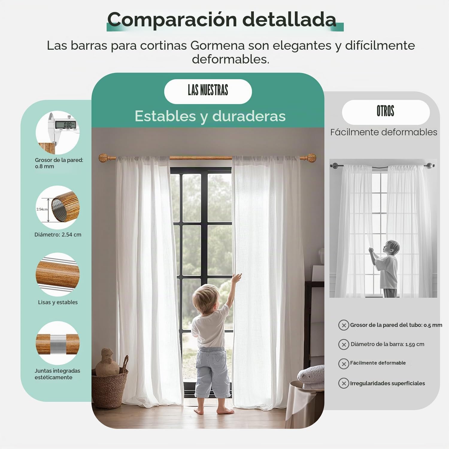 Barra Cortinas Extensible Acabado Efecto Madera Oscura 80-365 Cm | Varilla MetáLica De 25 Mm De DiáMetro, InstalacióN Mural, Gran Capacidad De Carga, Ideal Para SalóN Y Dormitorio