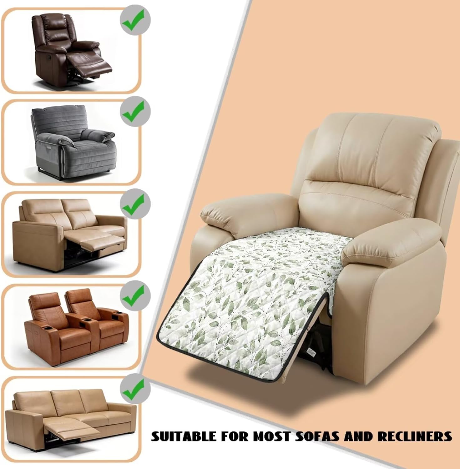 Eucalyptus Leaf Printed Recliner Chair Cover, Universal Polyester Sofa Seat Cushion Cover with Side Flaps for Secure Fit, Washable Furniture Protector for Living Room