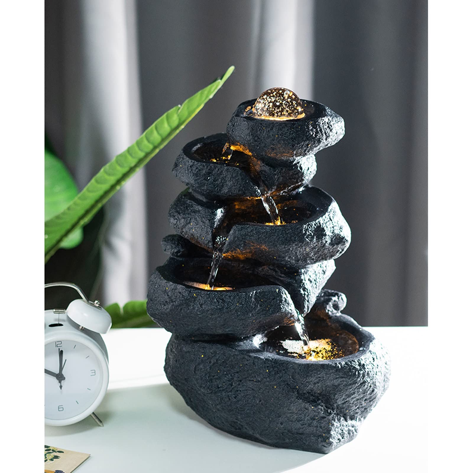Fuente de Mesa para Interiores con Luces LED, diseño Decorativo de Roca escalonada y Cascada, Sonido de Agua Suave y Relajante, Fuente de Agua pequeña de 35 cm (13,7 Pulgadas), Col,Black