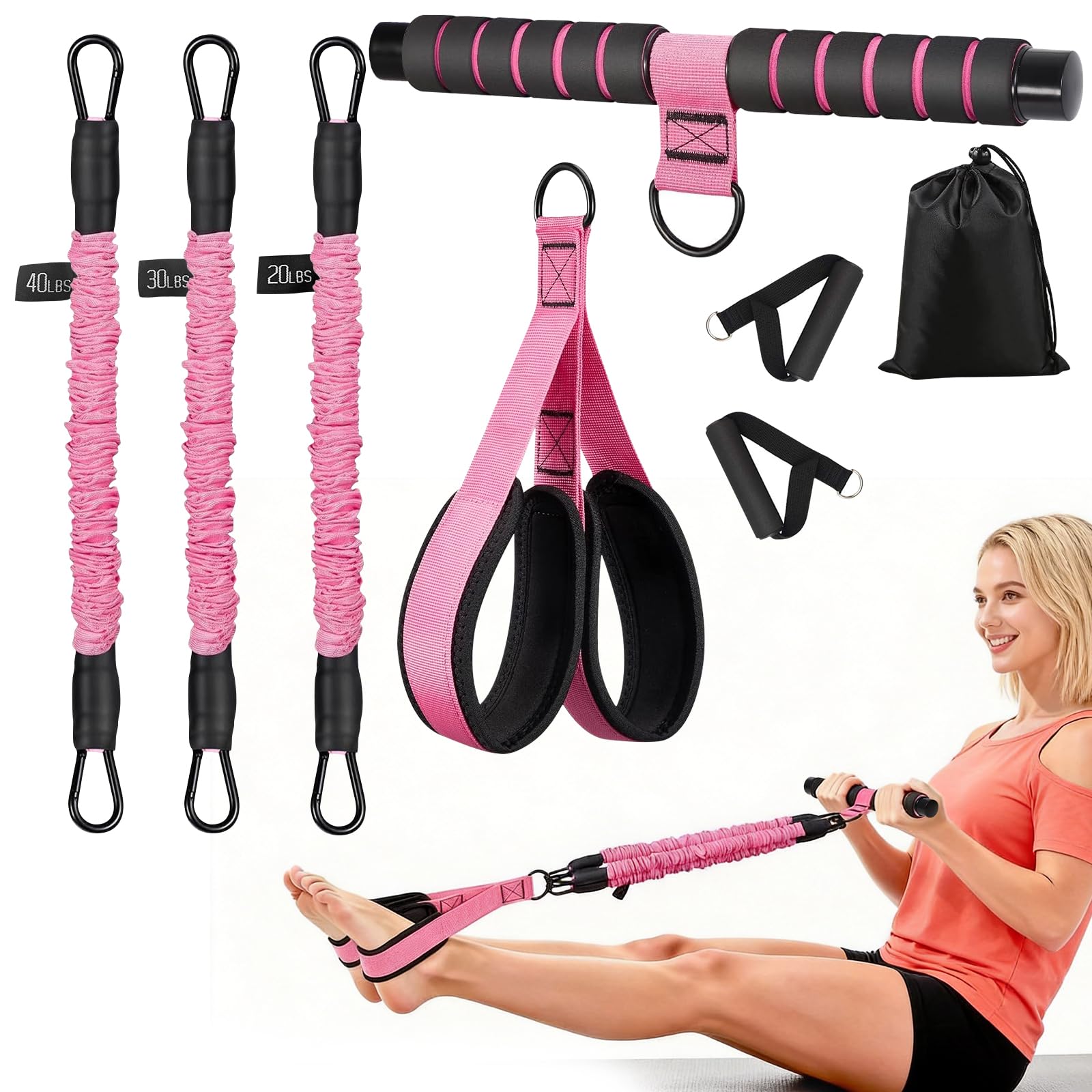 Pedal Resistance Bands with Handles, 20-90LB Adjustable 7 Levels Pilate Set