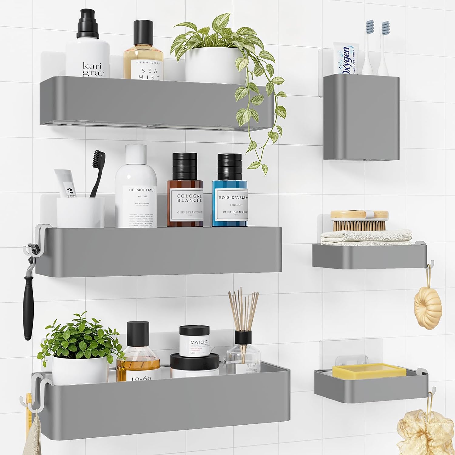 Kitsure Large Shower Caddy - Adhesive 6-Pack Bathroom Shelves, Silver