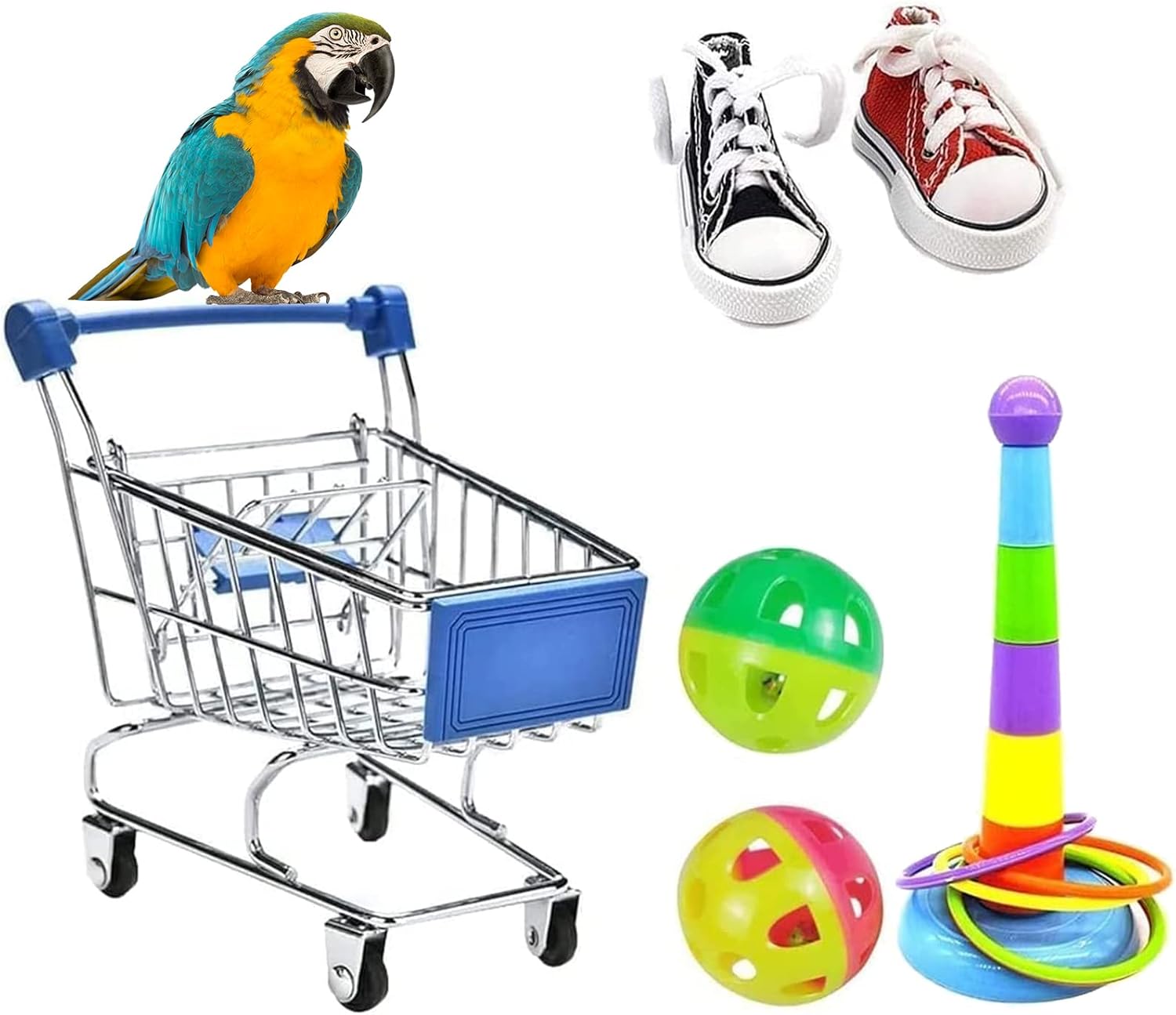 Trecynd Parrot Toys 7PCS, Bird Toy Mini Shopping Cart Training Rings