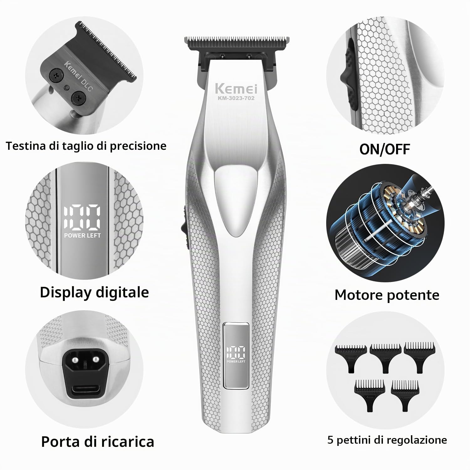 KEMEI KM-3023-702 - Tagliacapelli Professionale da Uomo Senza Fili Per gli Uomini, 9000 giri/min, Lame DLC, Regolabarba Regola Barba, Elettrico Trimmer Capelli Con 4 Pettini Guida