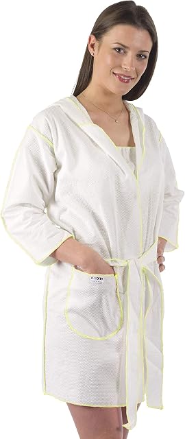 1 Disposable Bathrobe M Size Made of Soft, Ecological, and Biodegradable Viscose 100% Eco-Friendly, Plastic Free, Reusable, Absorbent, and Resistant with Bright Yellow Seams, Unisex, Made in Italy.