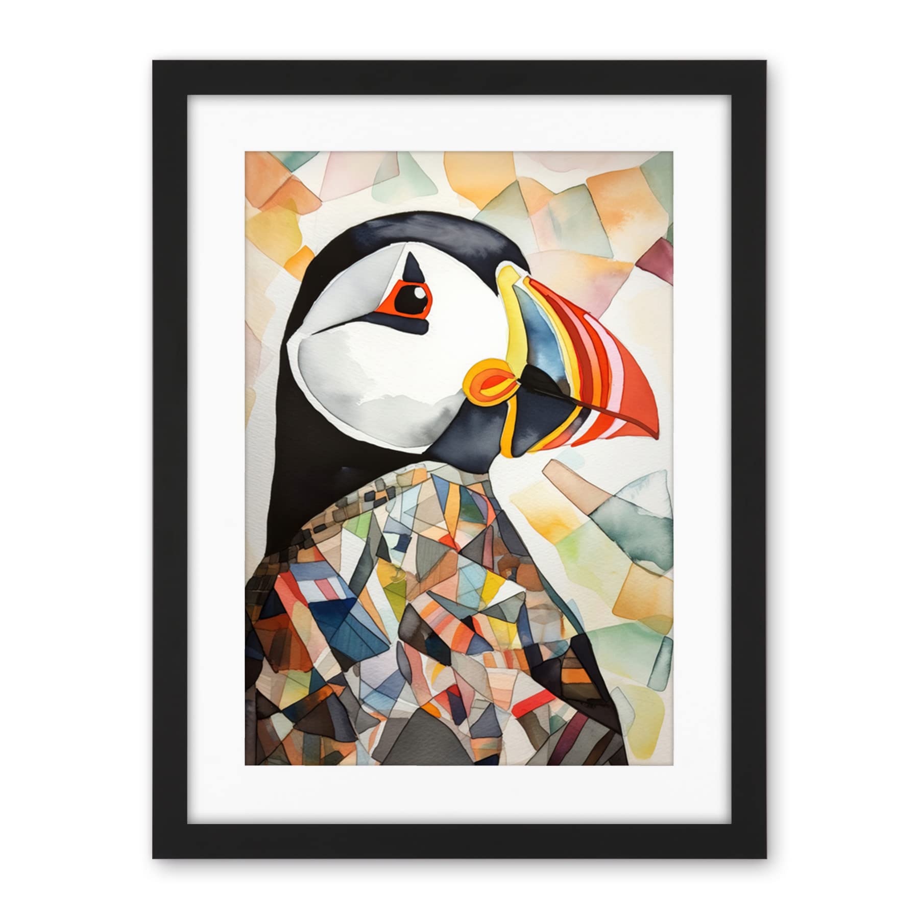 Artery8 Puffin Bird Abstract Portrait Folk Art Artwork Framed Wall Art Print 18X24 Inch