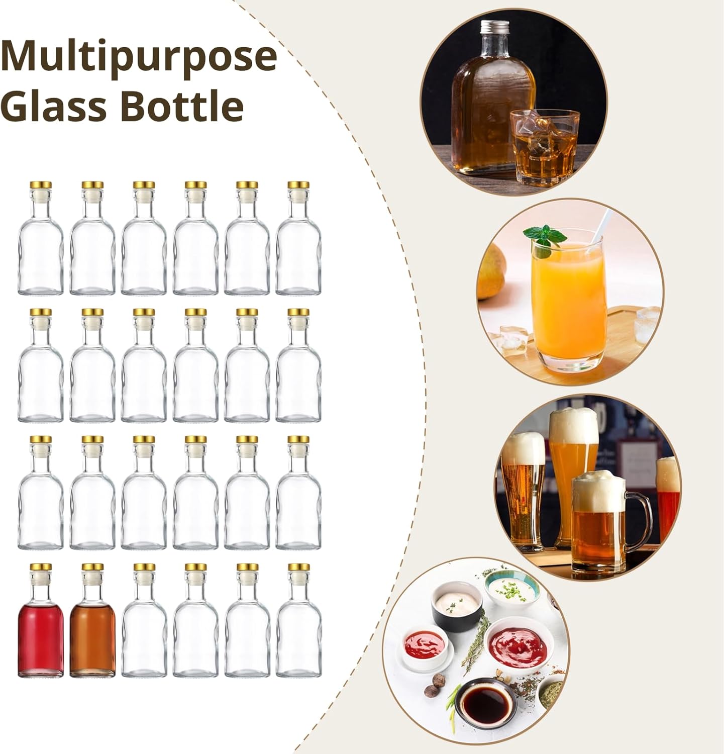 24 Pack Clear Glass Bottles 3.4 oz, Glass Liquor Bottles with T-Top Caps, Mini Glass Bottle with Cork, 100ml Glass Container for Beer, Juice, Oil, Sauce