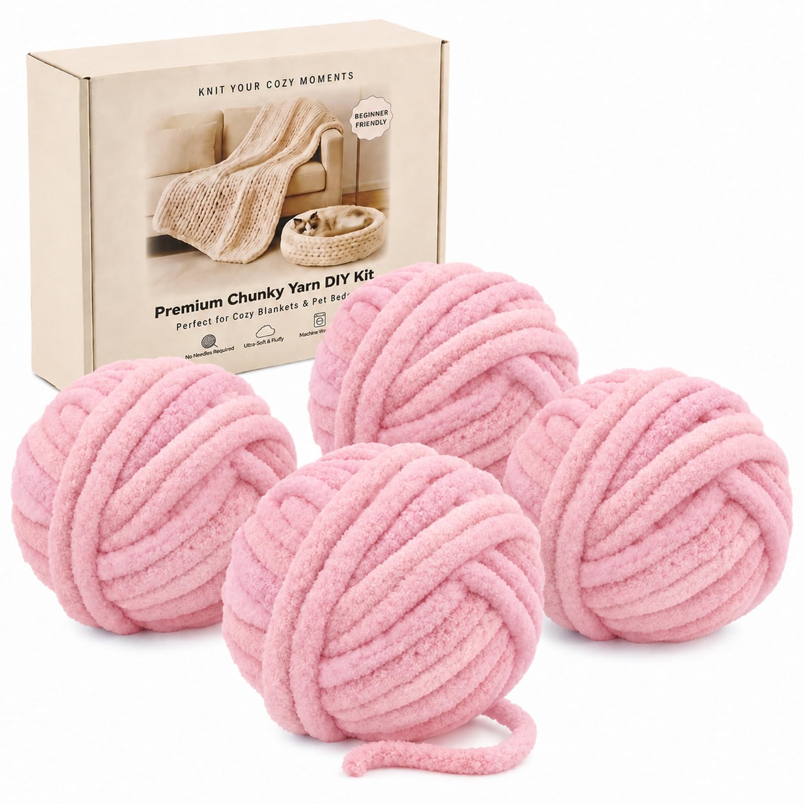 Jumbo Chunky Chenille Yarn 1000g, 2CM Super Thick Fluffy Blanket Yarn Set