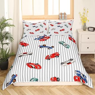 Feelyou Race Car Duvet Queen Size | Cover Set, 3 Piece White, Grey, Modern, Sports, Breathable, Microfiber, Machine Wash, 1 Duvet 2 Pillow Cases