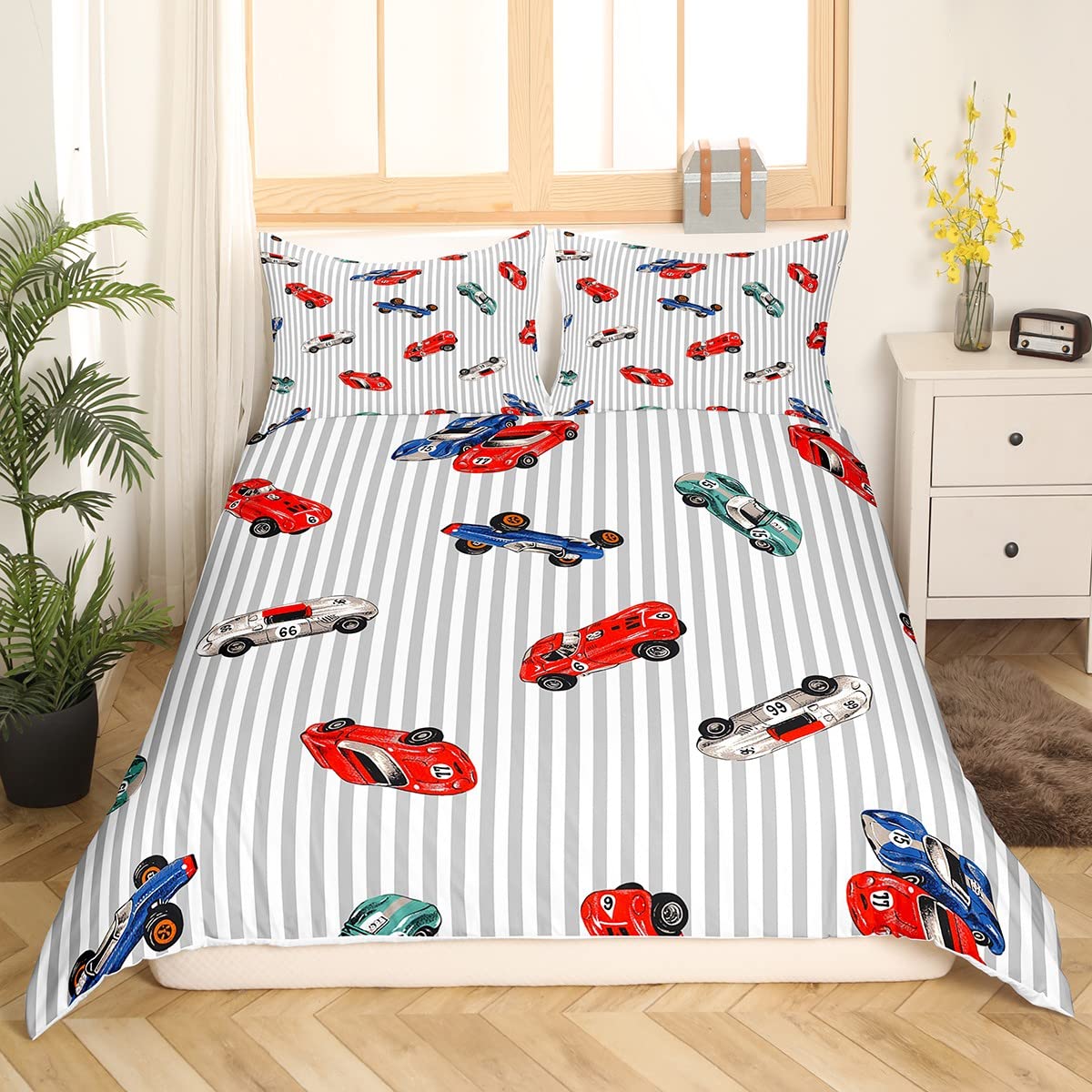 Homemissing Racing Housse de Couette 220x240cm Voiture de Sport extrême Parure de Lit Racing Suit Blanc Gris matelassé Ensemble de Literie Enfants garçons Filles, Microfibre