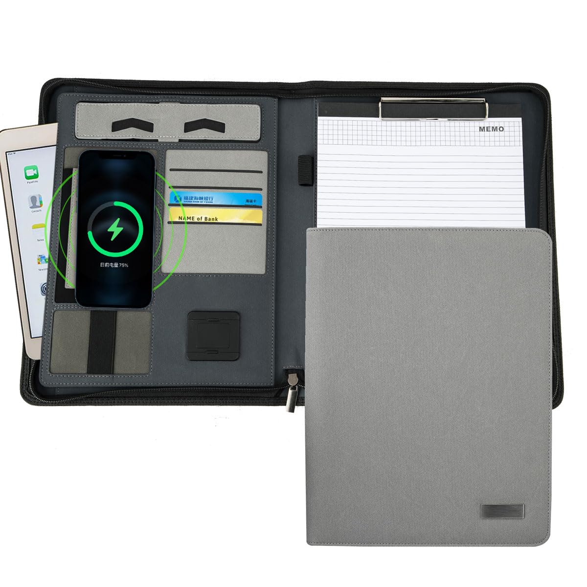 Upgrade Padfolio Folder, A4 Multi-Function Charging Folder Combination, with 8000mah Mobile Power Professional Organizer Portfolio Clipboard Notebook Bag for Women & Men (Light Gray)