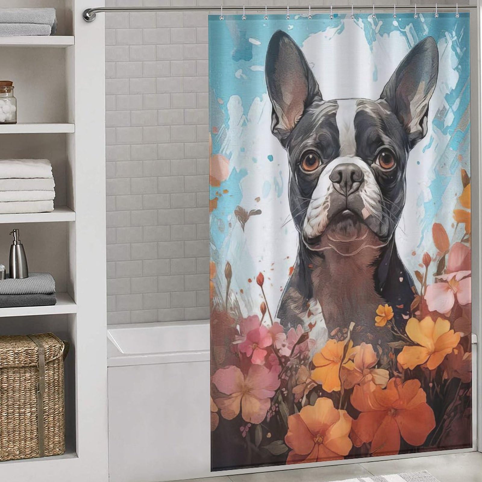 Rideau de douche chien mignon 140x183cm imperméable avec crochets pour baignoire salle de bain
