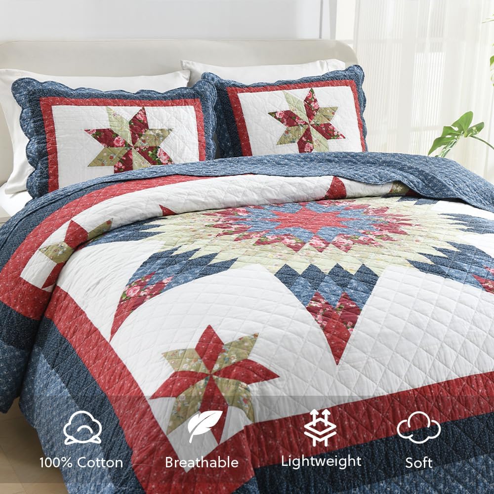 Cotton Quilt Bedding Sets 3 Pieces Soft Reversible Coverlets Luxury Star Handmade Real Patchwork Red Blue Bedspread, King Size - Image 3