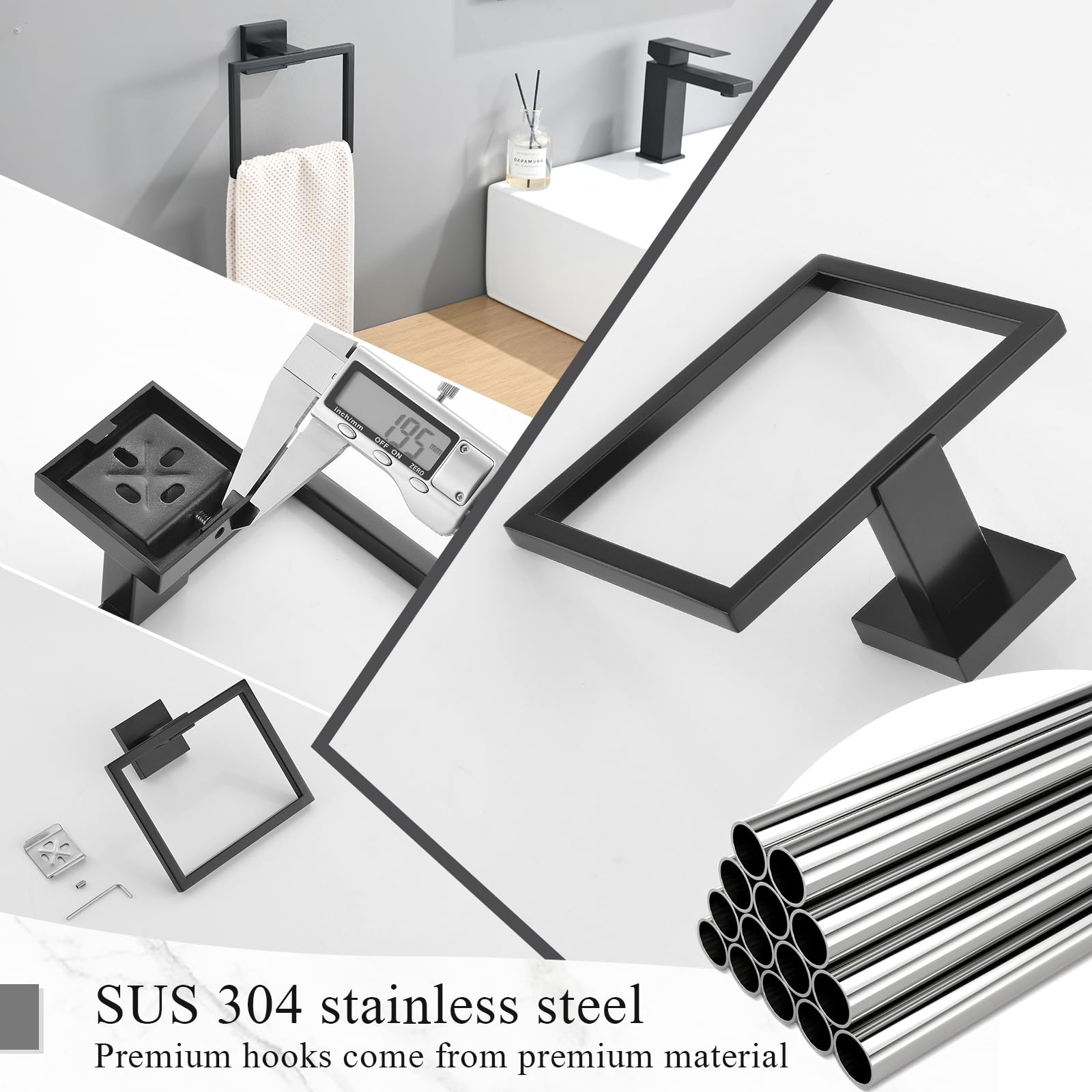 TURS Negro Toalleros de Aro Acero Inoxidable Toallero de Estilo Montado en Pared e Anilla INOX 304 Chrome Accessori Bagno de Toalla Soporte de Toalla Nero