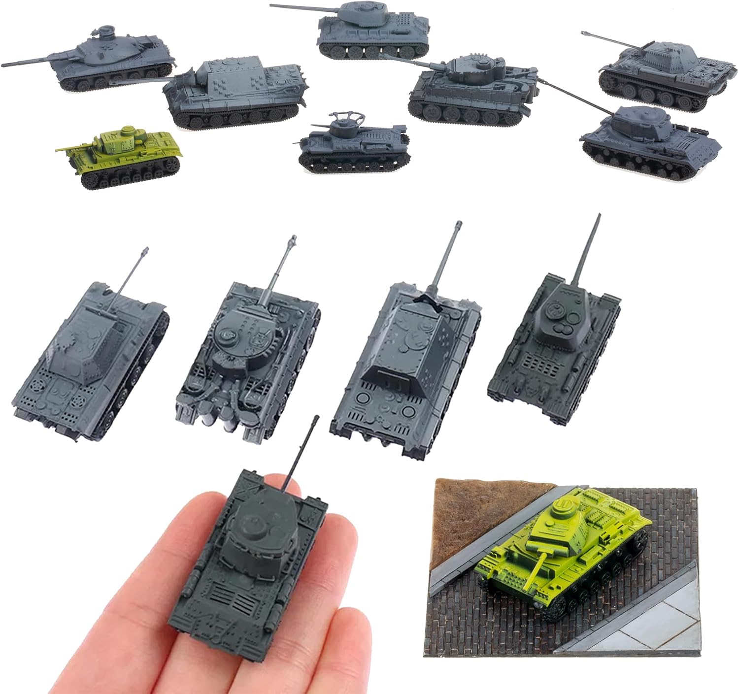 8 Pcs 1:144 Tank Toy Model Set Incl. Tiger, Henschel Jagdtiger, T34, Hermann, AMX-30, Panther G, Panzer III, IS2 for Military Toy Collection and Wargames
