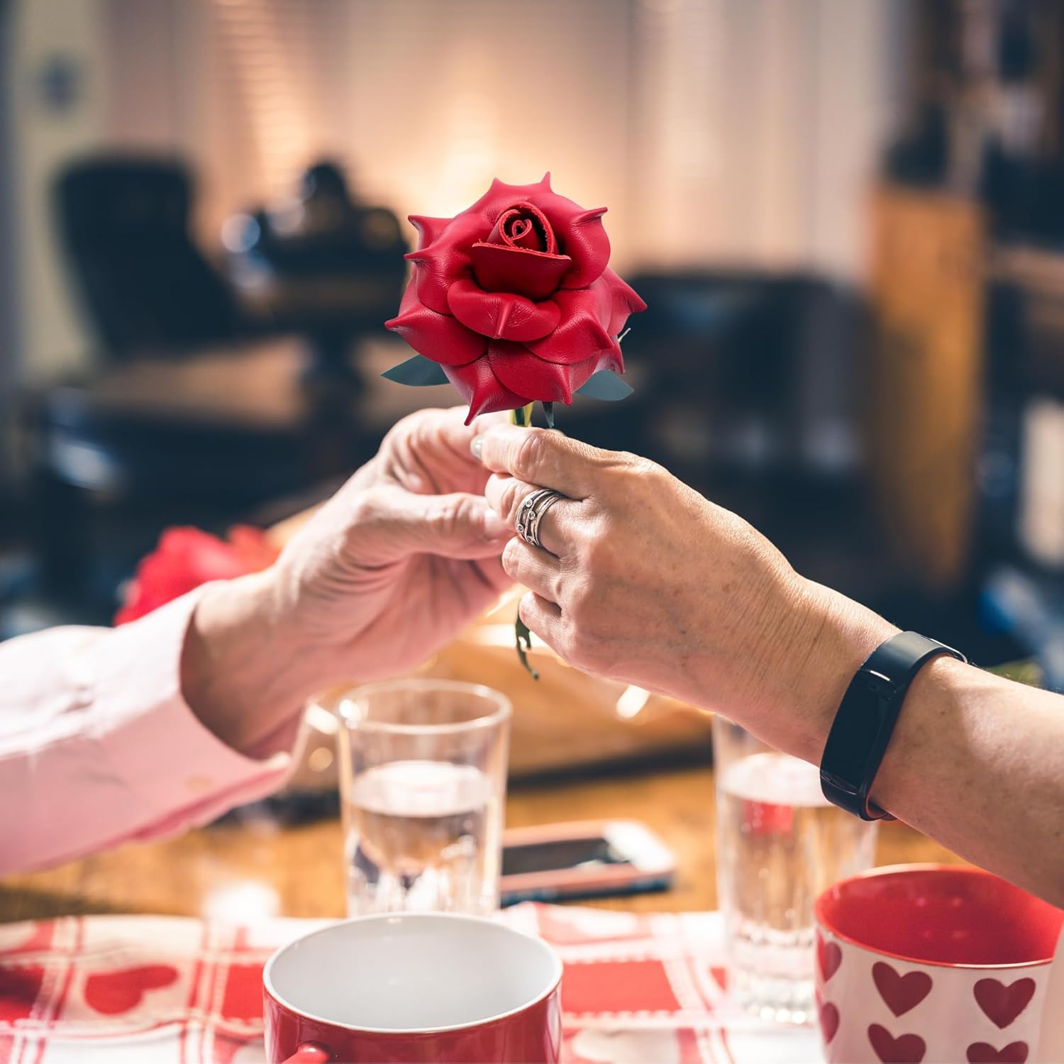 Camellia Bees Leather Rose Gift for Her Him - Handmade Genuine Leather Flower for 3rd Anniversary, Third Year Wedding, Valentines Day, Mothers Day - Forever Rose Gift for Wife Girlfriend (Red)