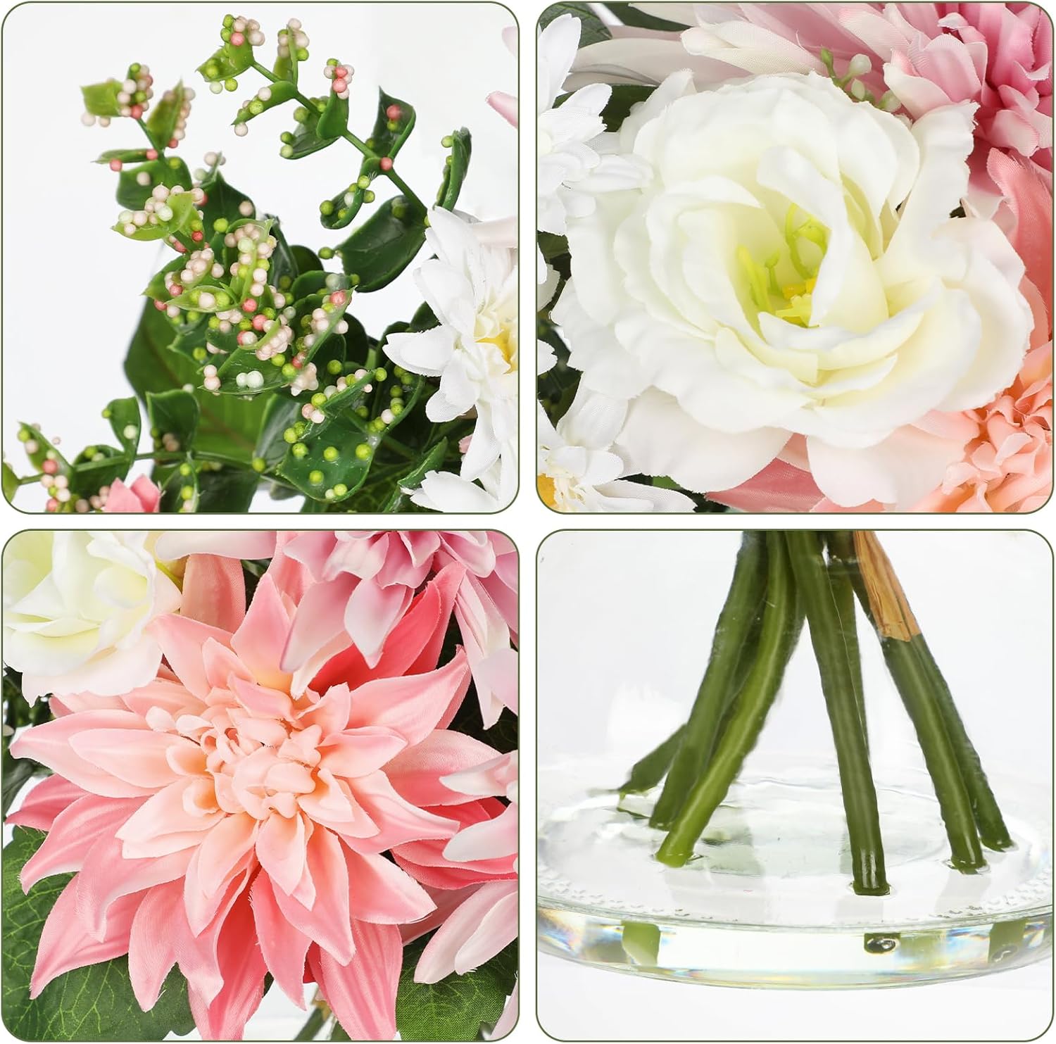 Briful Fake Flower Arrangement in Glass Vase, 11" Faux Dahlia Silk Flowers Centerpiece Table Decorations Pink Mixed Floral Bouquet for Home Office Dining Room Coffee Table Wedding Decor - Image 3