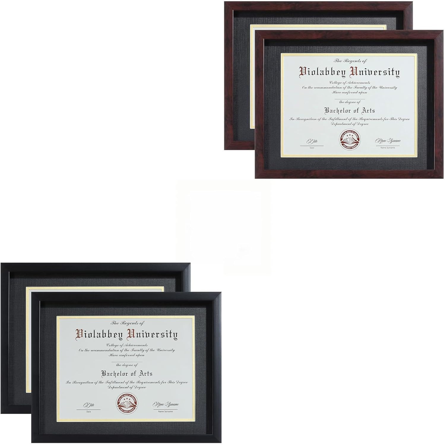 VIOLABBEY 8.5 x 11 Diploma Frame with HD Real Glass Fits 8.5x11 Inch Degree &Document with Double Mat or 11x14 without Mat, Certificate Frame for Wall or Tabletop Display,（4Pack,black+wood color