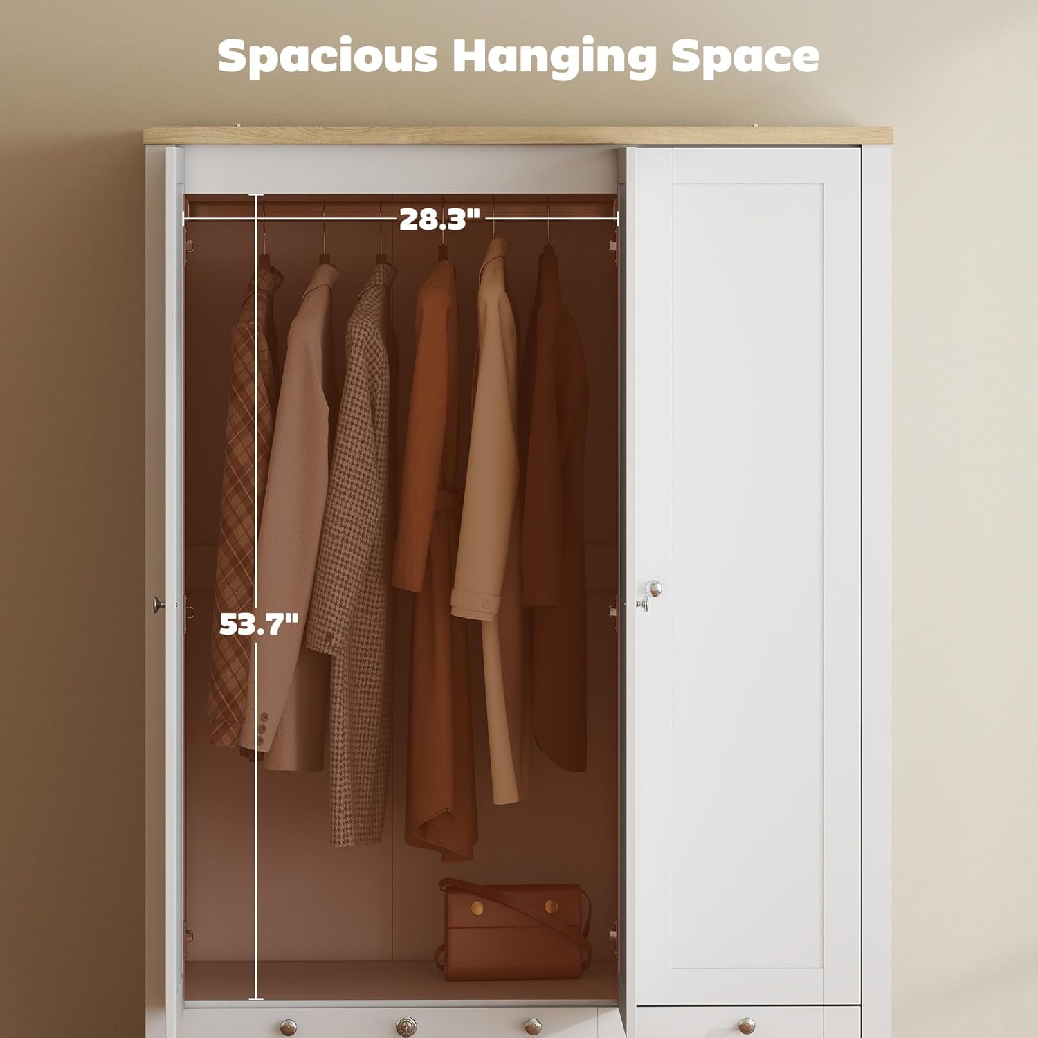 Interior view of the wardrobe's hanging section, showing dimensions of 28.3 inches width and 53.7 inches height for clothing.