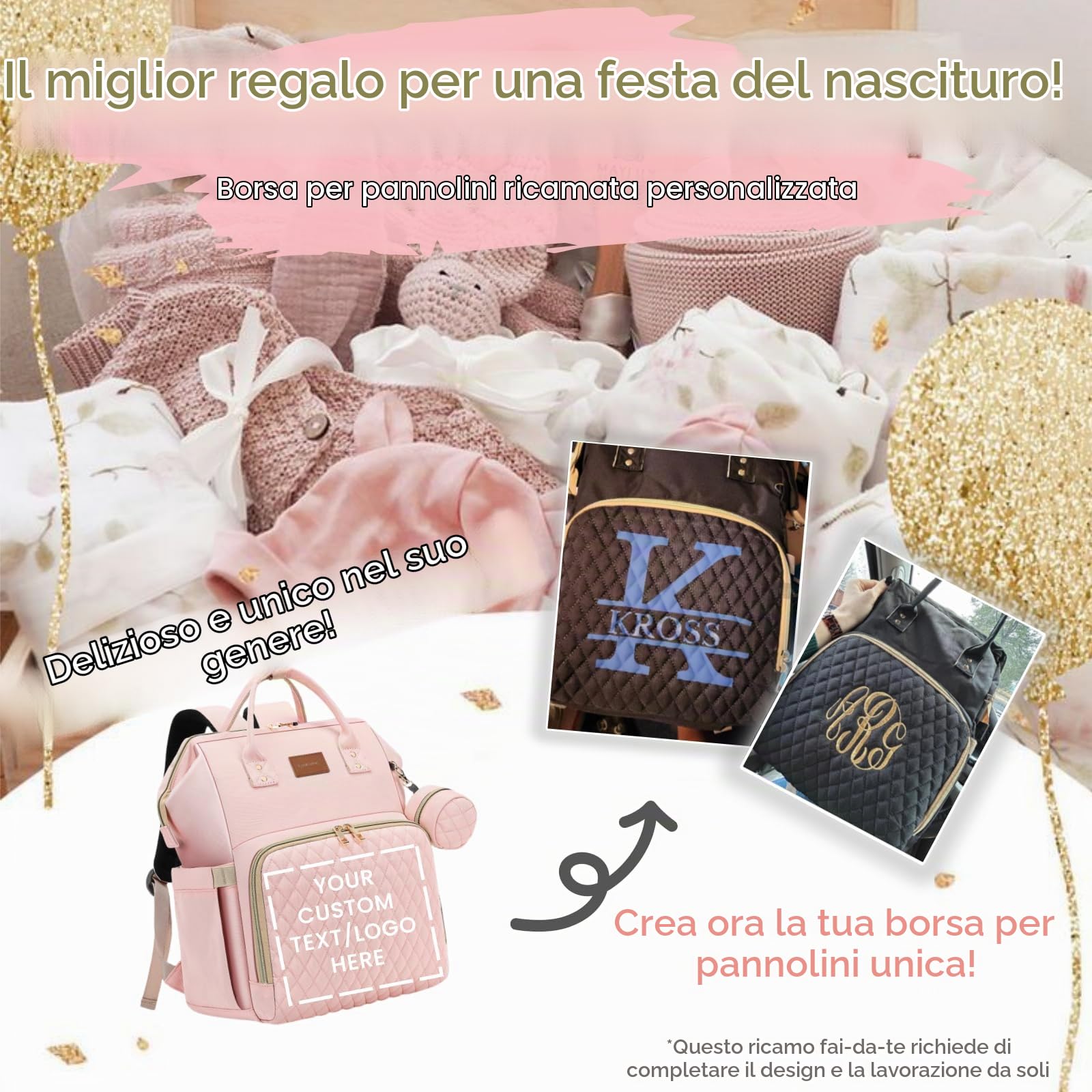 ROSEGIN - Borsa per pannolini rosa per neonate, regalo perfetto per baby shower, con fasciatoio, custodia per ciuccio, tasche isolate, cinghie per passeggino, grande capacità di 35 litri, carina