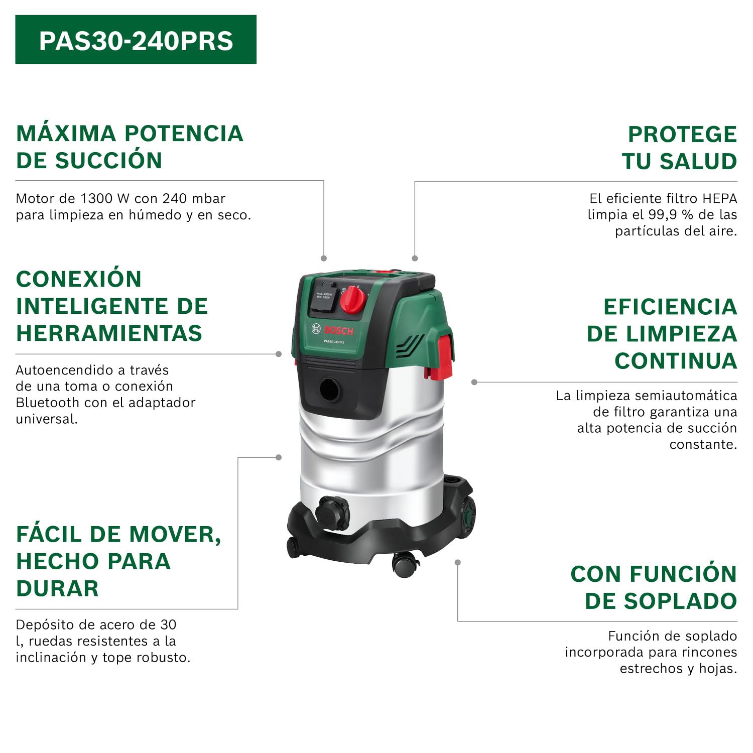 Bosch Aspirador en seco y húmedo PAS30-240PRS (Tubos de extensión, Manguera de 2,2 m, Tubo Flexible/acodado, boquillas para Suelos y Ranuras, Filtro Plisado Plano (HEPA), Mando)