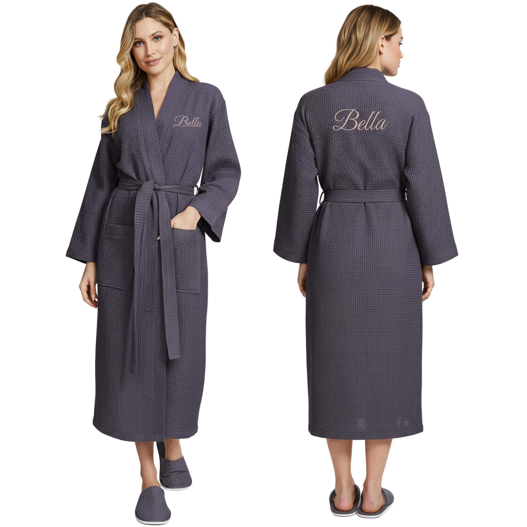 Lotus Linen Long Waffle Cotton Robes for Women – Monogram, Lightweight, Soft Kimono Spa Bathrobe with Pockets